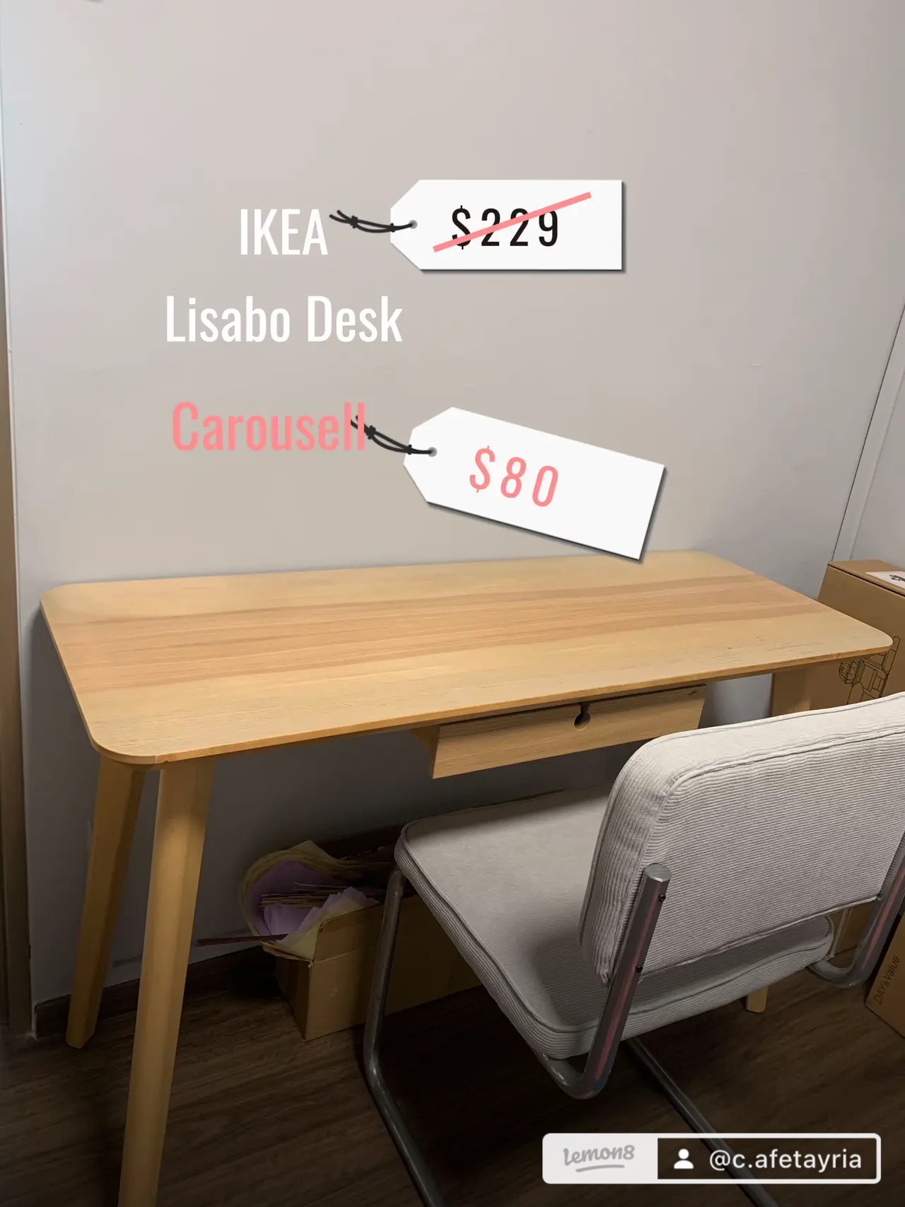 How we saved over 3.5k on furnishing our home - IKEA, Lisabo Desk, $229, Price tag, $80, Carousel, Office desk, wooden table