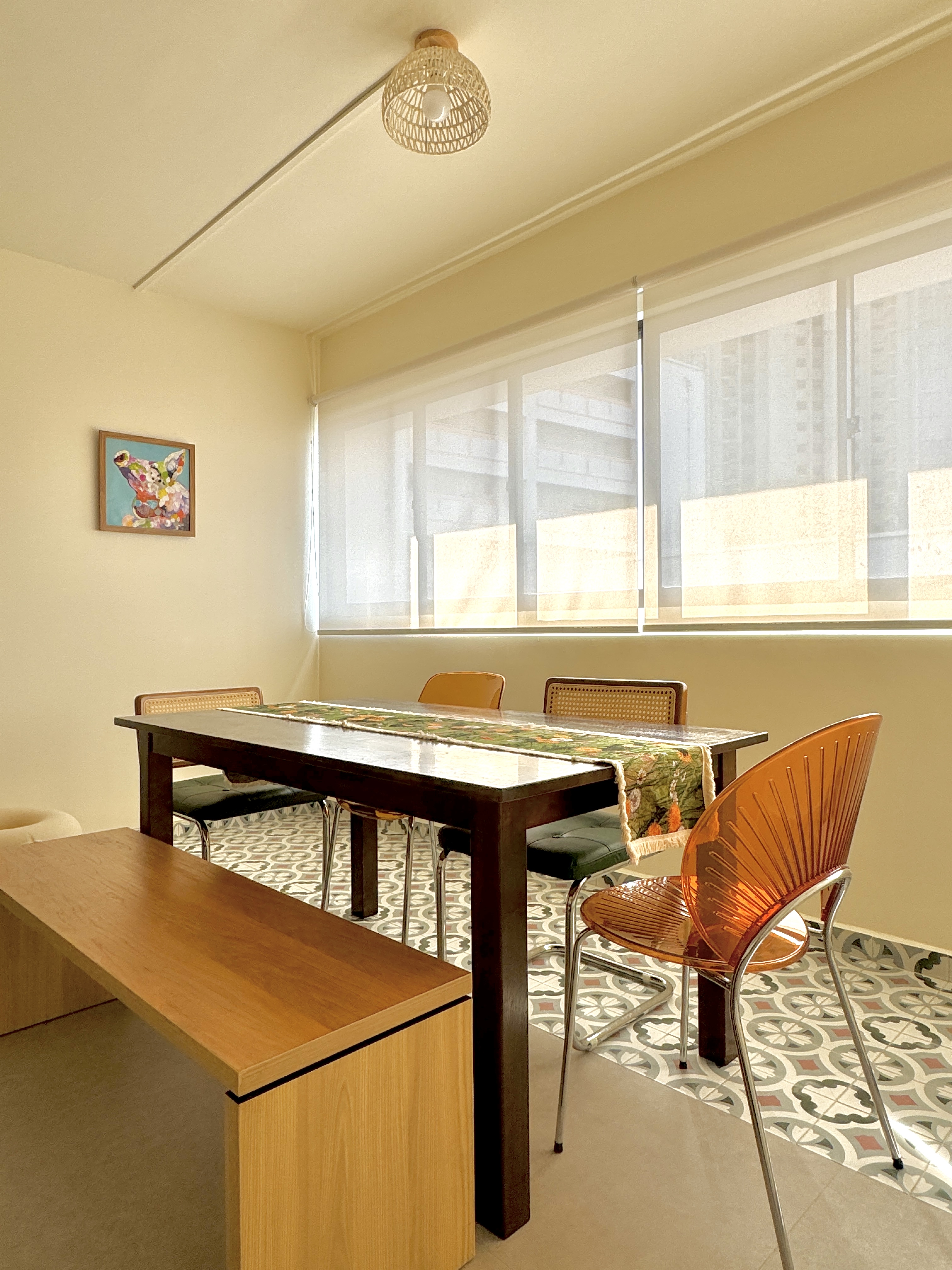 Furnishing our Dining Area for under $250 - Modern dining room with wooden table and chairs, large window with sheer