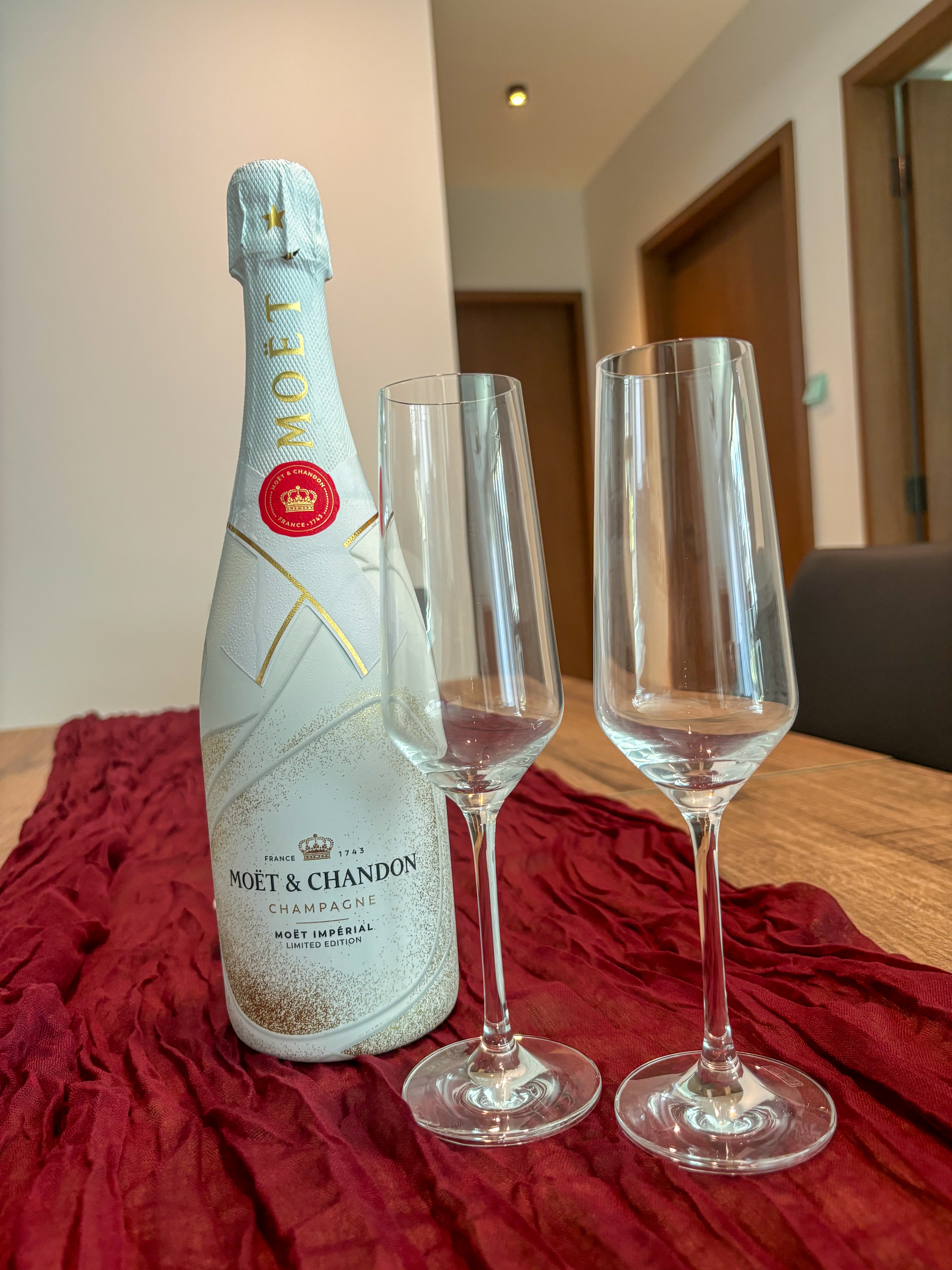 Minimalist Dining Area with Half Wall Partition - Moët & Chandon champagne bottle, Moët & Chandon champagne, Moët & Chandon