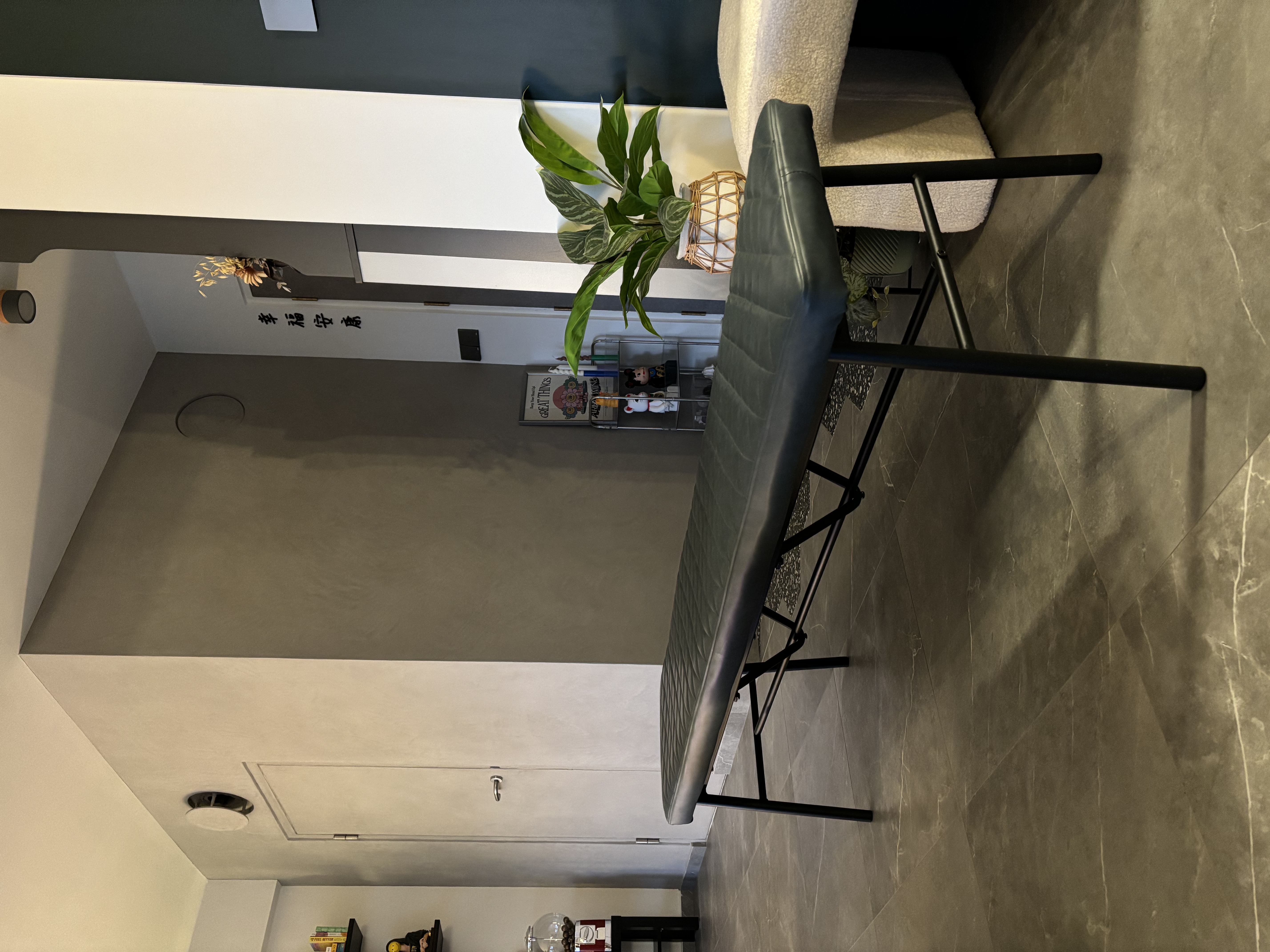 Meal and Greet - modern living room, minimalist design, contemporary decor, sleek furniture, black metal frame, gray walls