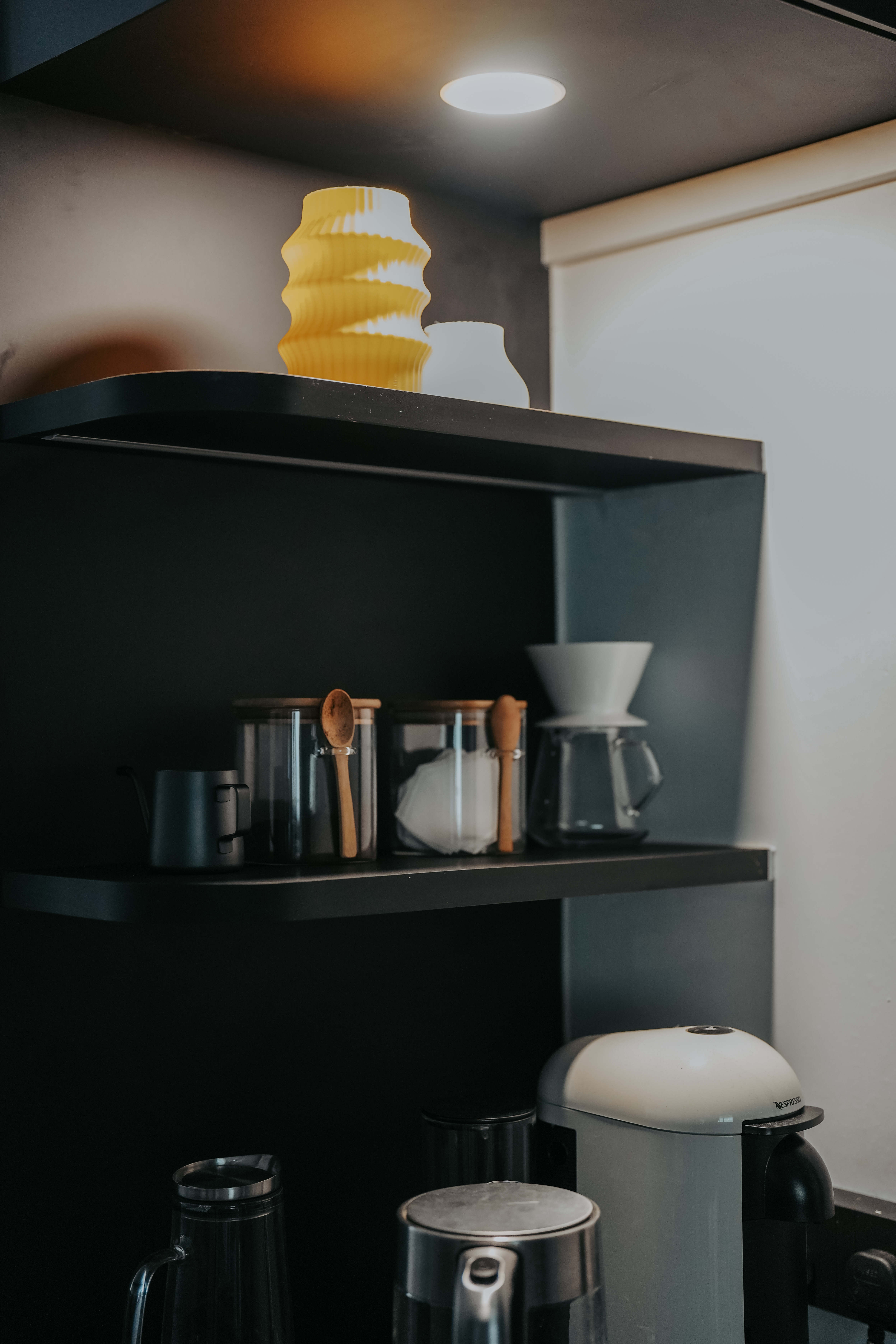 Take a walk in our modern, dark humble 4-room abode! - shelves, kitchen, modern, minimalist, decor, coffee, accessories