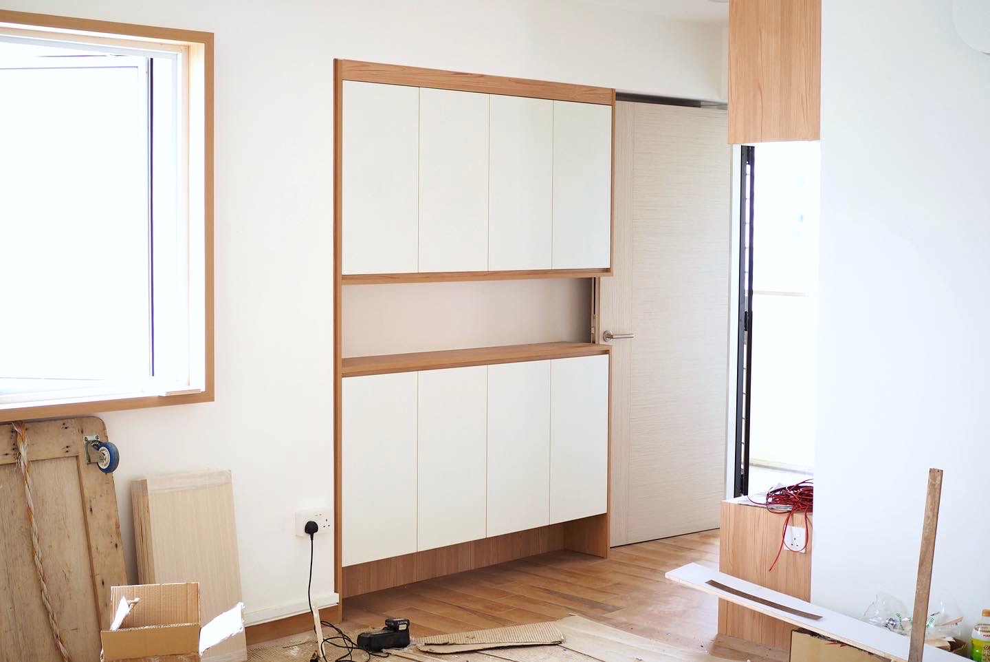 Transformation: Spot the differences in our entryway! - Wooden cabinet, white interior, floating shelves, minimalist design