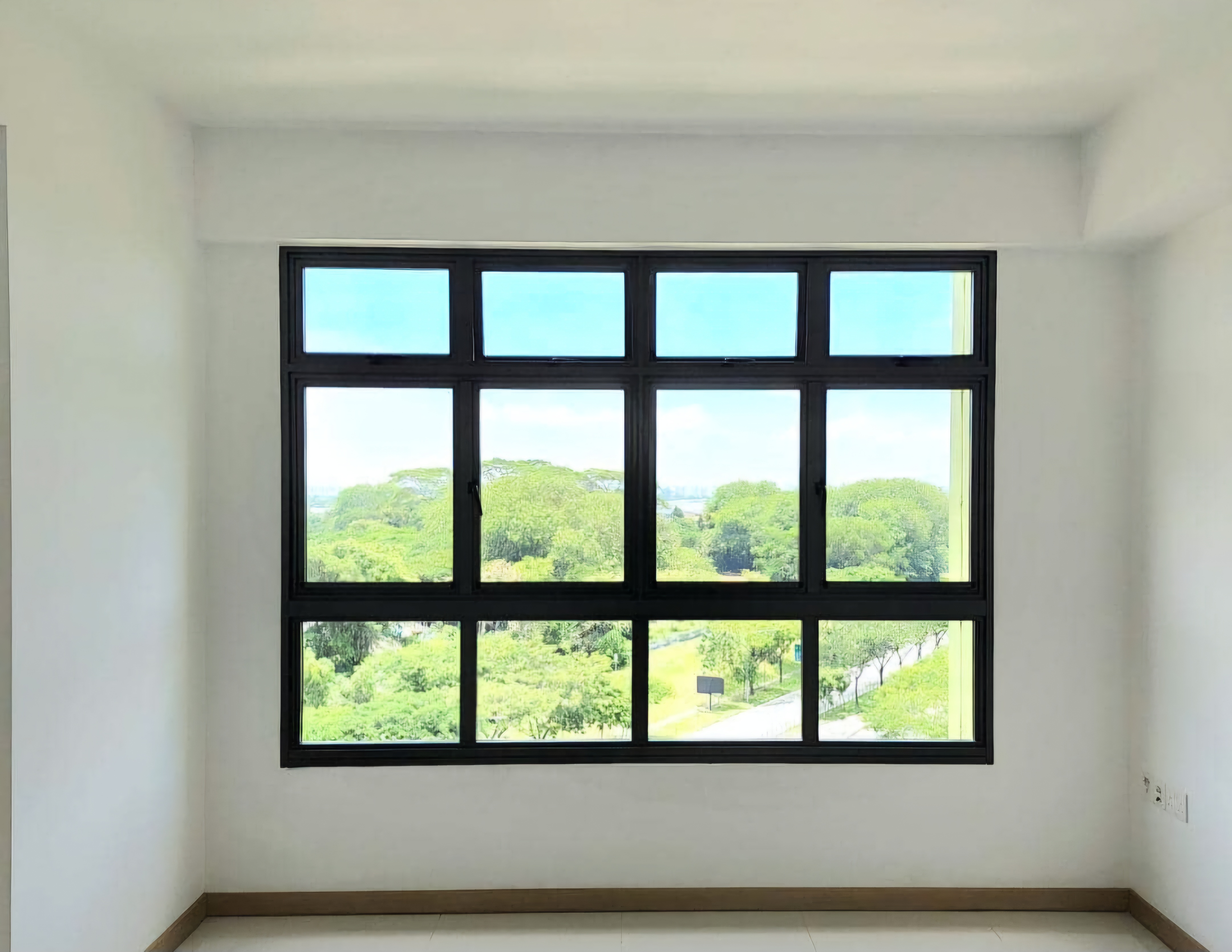 Renders vs. Reality: A Visual Journey - White walls, large window, green trees, bright blue sky, outdoor scenery, natural