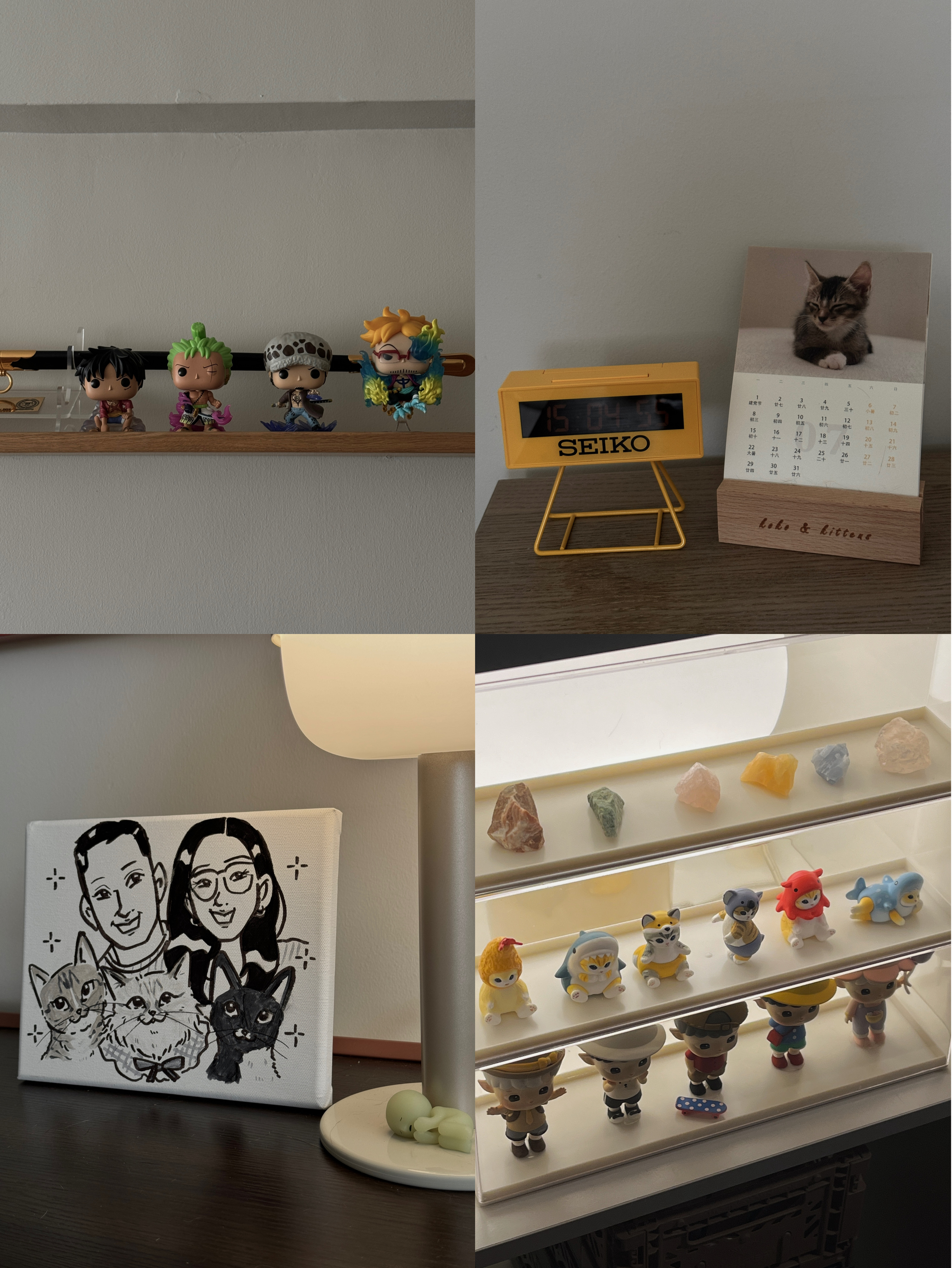 Home Styling: Tips to create a Cozy and Inviting Space - Cartoon-style figurines on a wooden shelf, Seiko clock with a