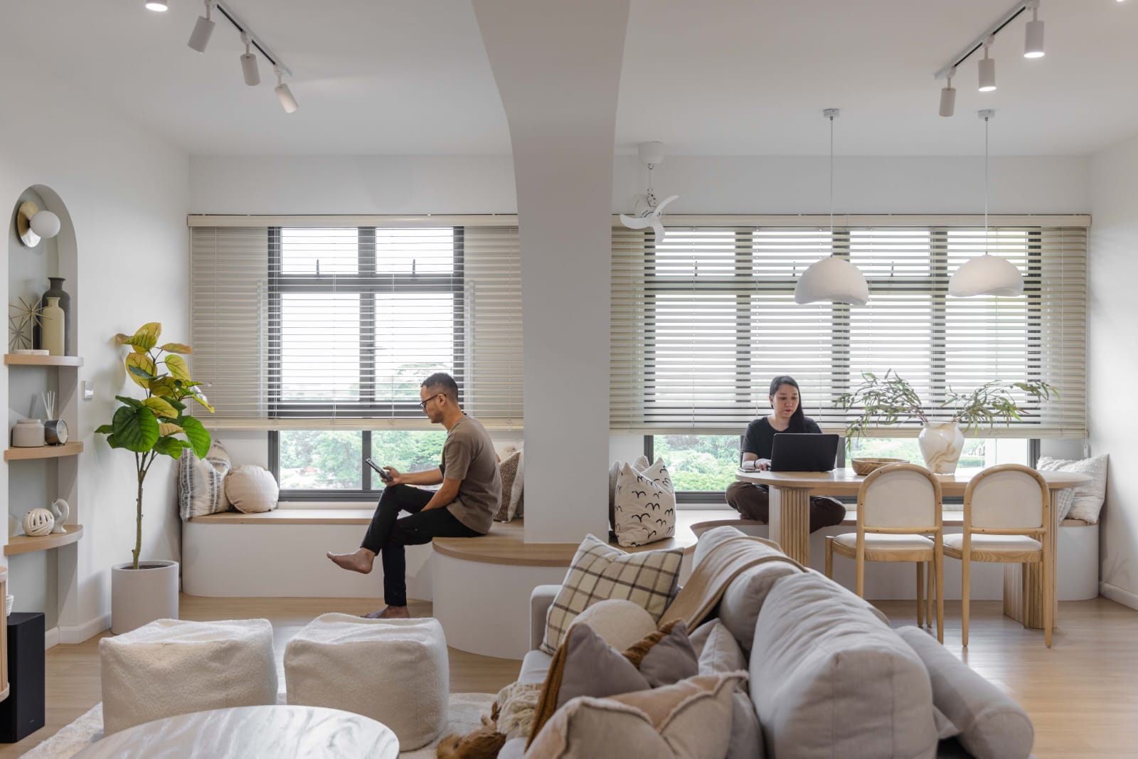 The Perfect Blend: Our Home Style Unveiled - Modern living room, cozy seating area, large windows, natural light, minimalist