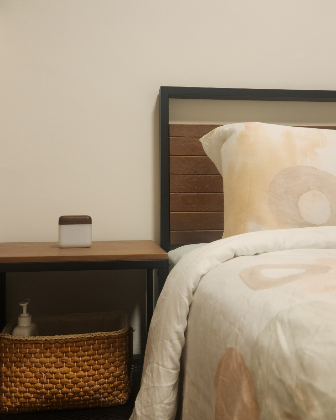 Dream & Prep: Our Functional Dual-Zone Bedroom Design - bedside bedside table, wooden headboard, beige and brown bedding