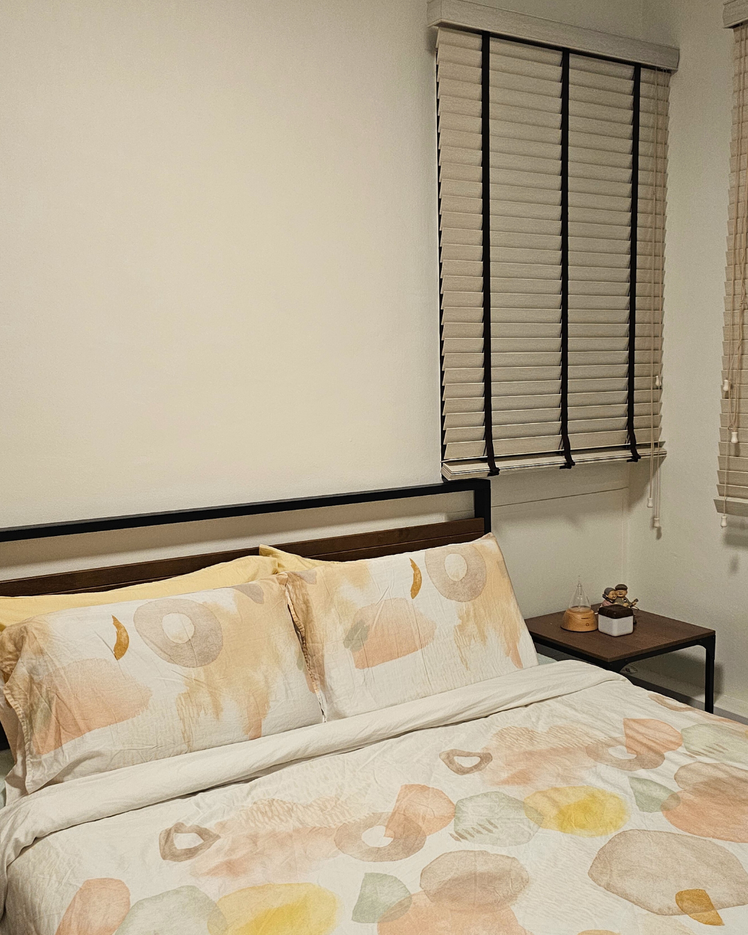 Dream & Prep: Our Functional Dual-Zone Bedroom Design - Modern bedroom, cozy bed, abstract patterned comforter, beige and