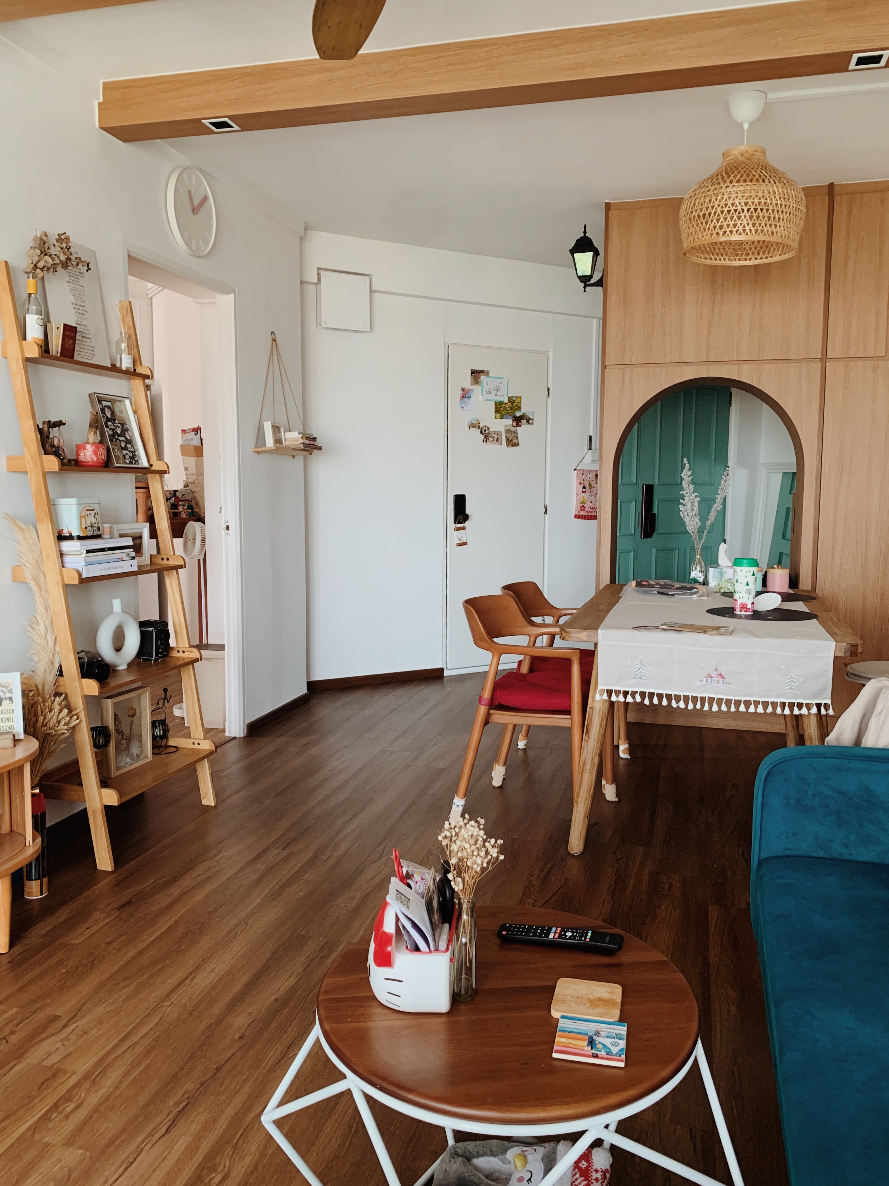 Renders vs Reality: Classic Farmhouse 4rm HDB Living Room Edition - Wooden ladder, wooden shelf, wooden door, wooden table