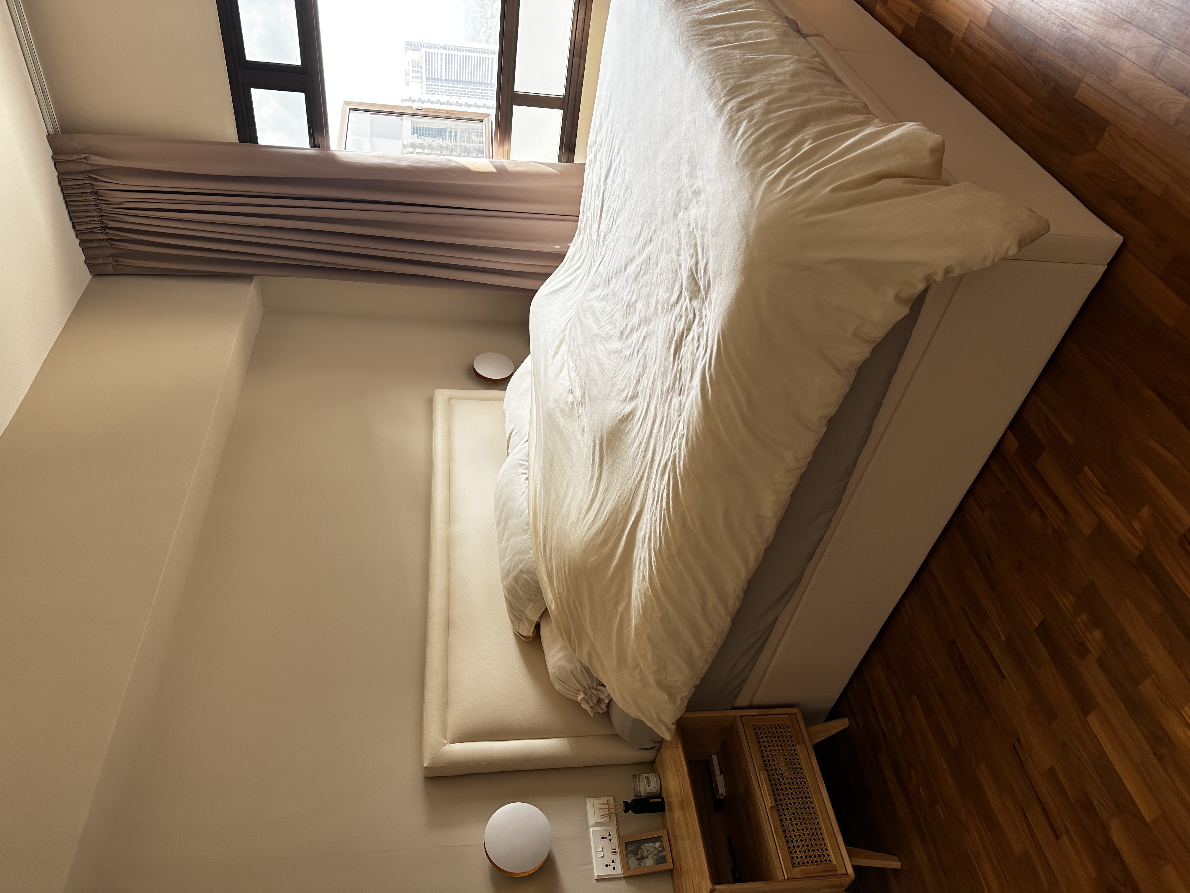 Our cosy bedroom with minimal carpentry with a bag display cabinet  - Modern minimalist bedroom, cozy bed, beige bedding