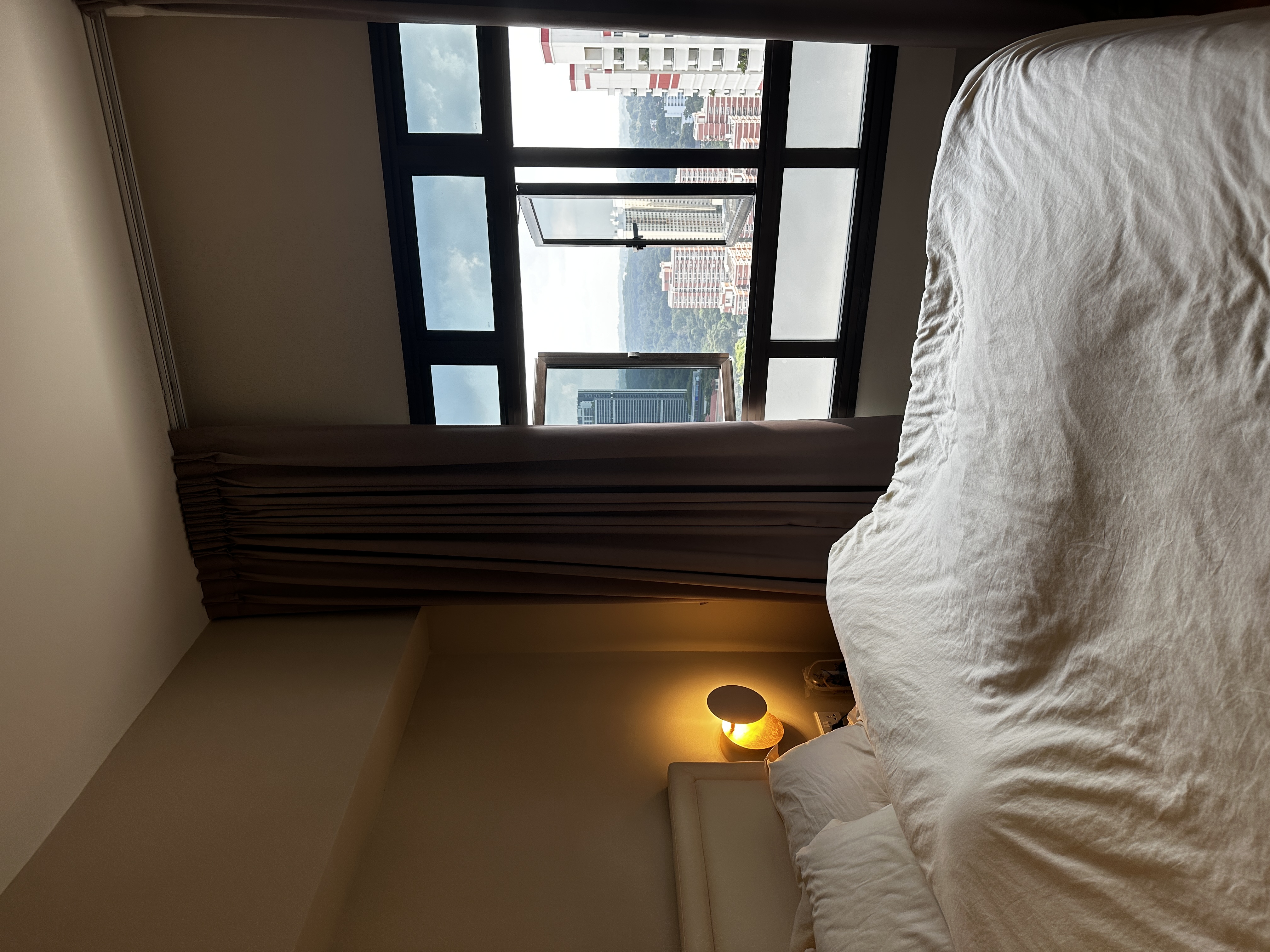 Our cosy bedroom with minimal carpentry with a bag display cabinet  - Sunlit bedroom, cozy bed, white comforter, soft