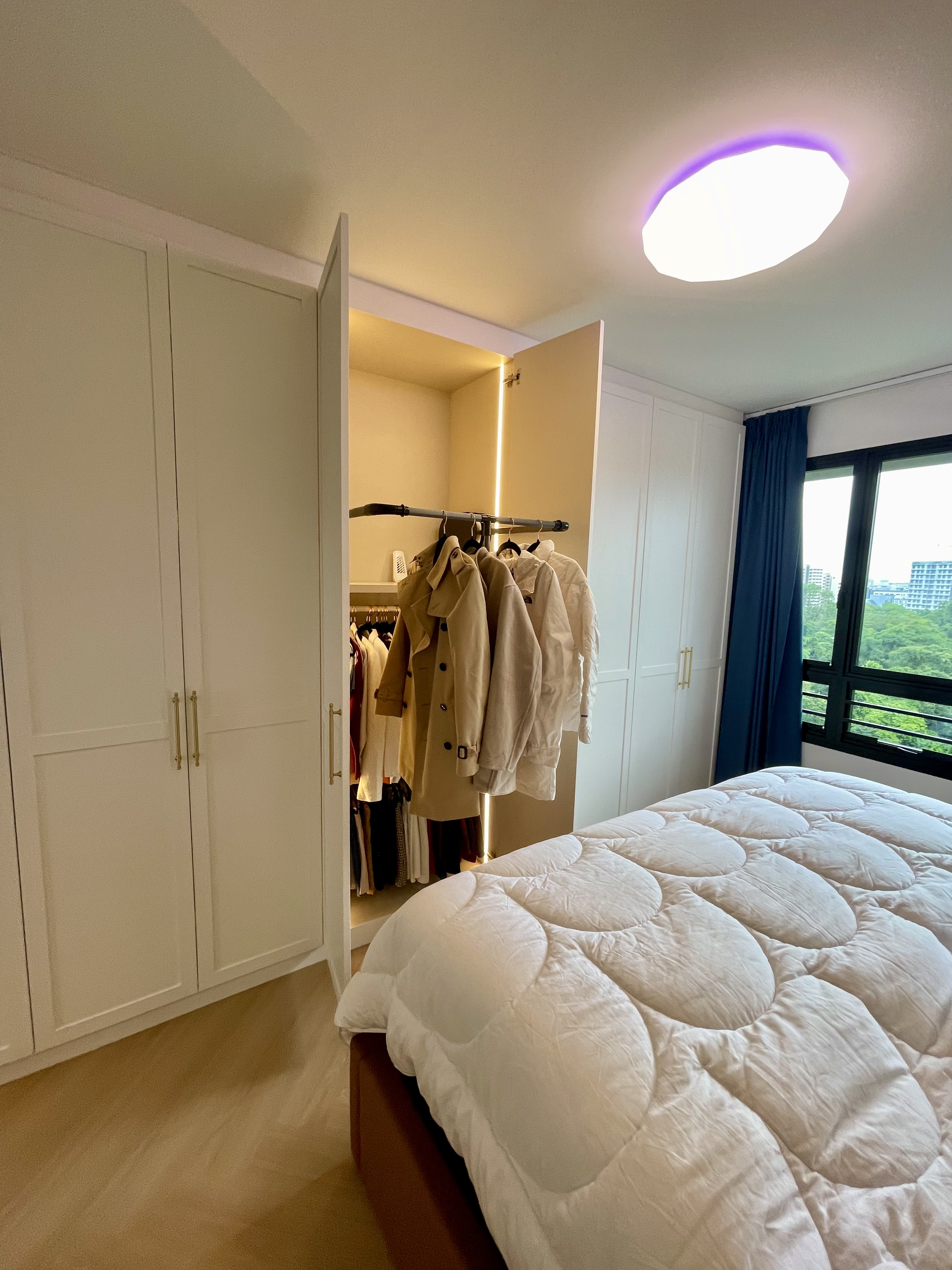 A Cosy Sanctuary: Our Slumber Haven With A Concealed Bathroom & Vanity - White wardrobe, open closet, beige and white coats