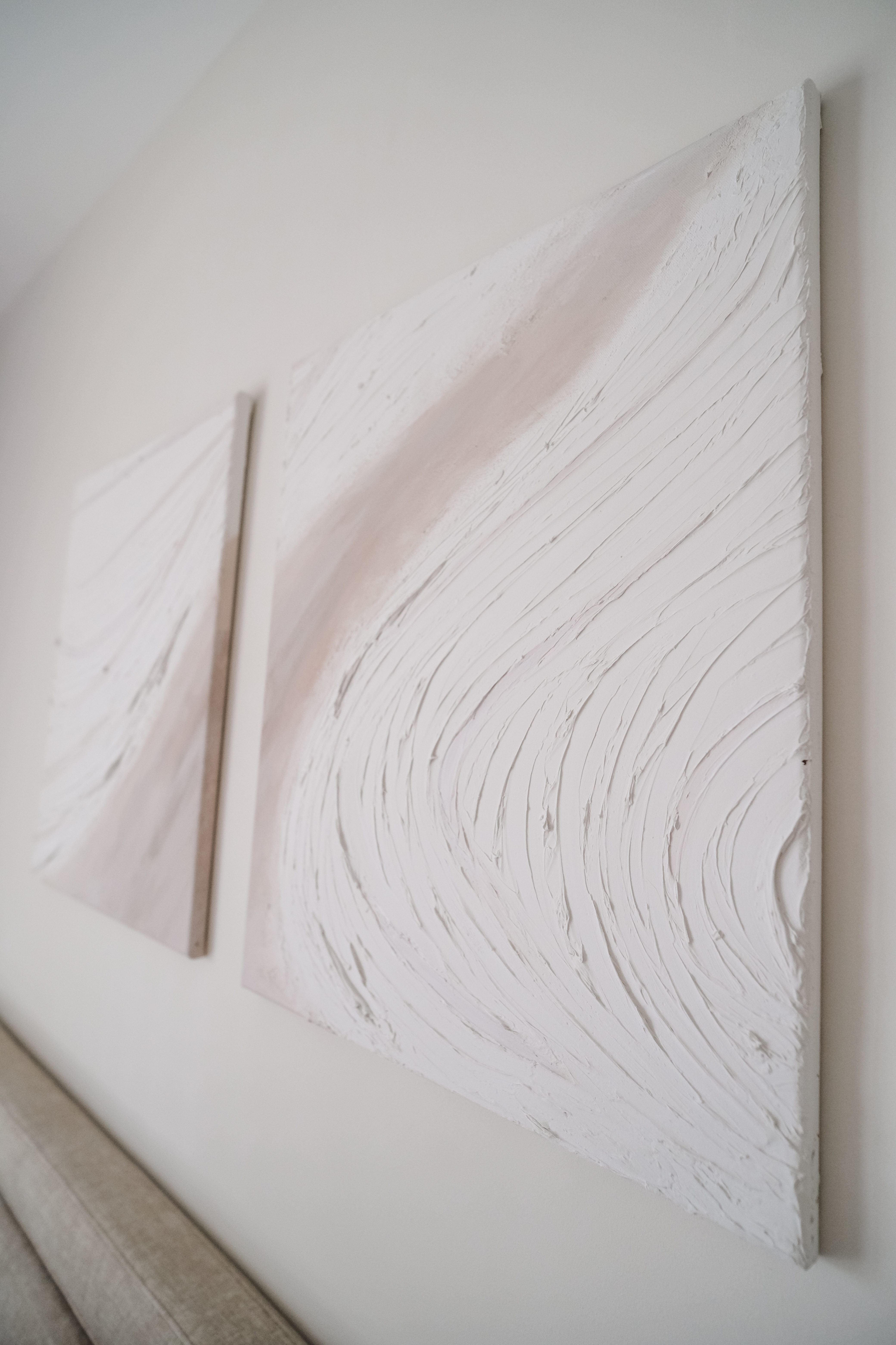 Calming Modern Bedroom in Creme Tones with DIY Wall Art - White abstract paintings, minimalist interior, textured wall