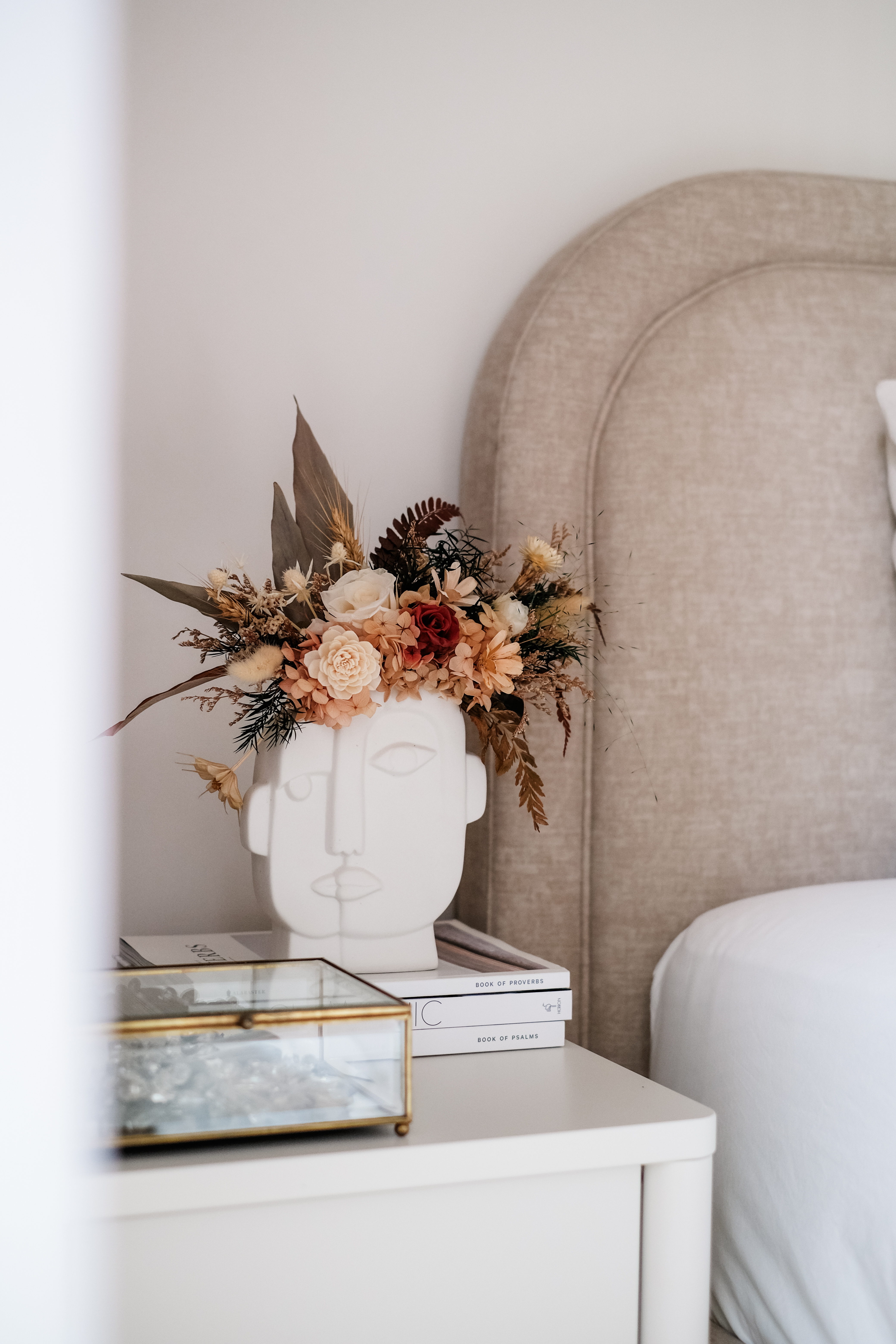 Calming Modern Bedroom in Creme Tones with DIY Wall Art - vintage floral arrangement, rustic bouquet, autumnal decor, white