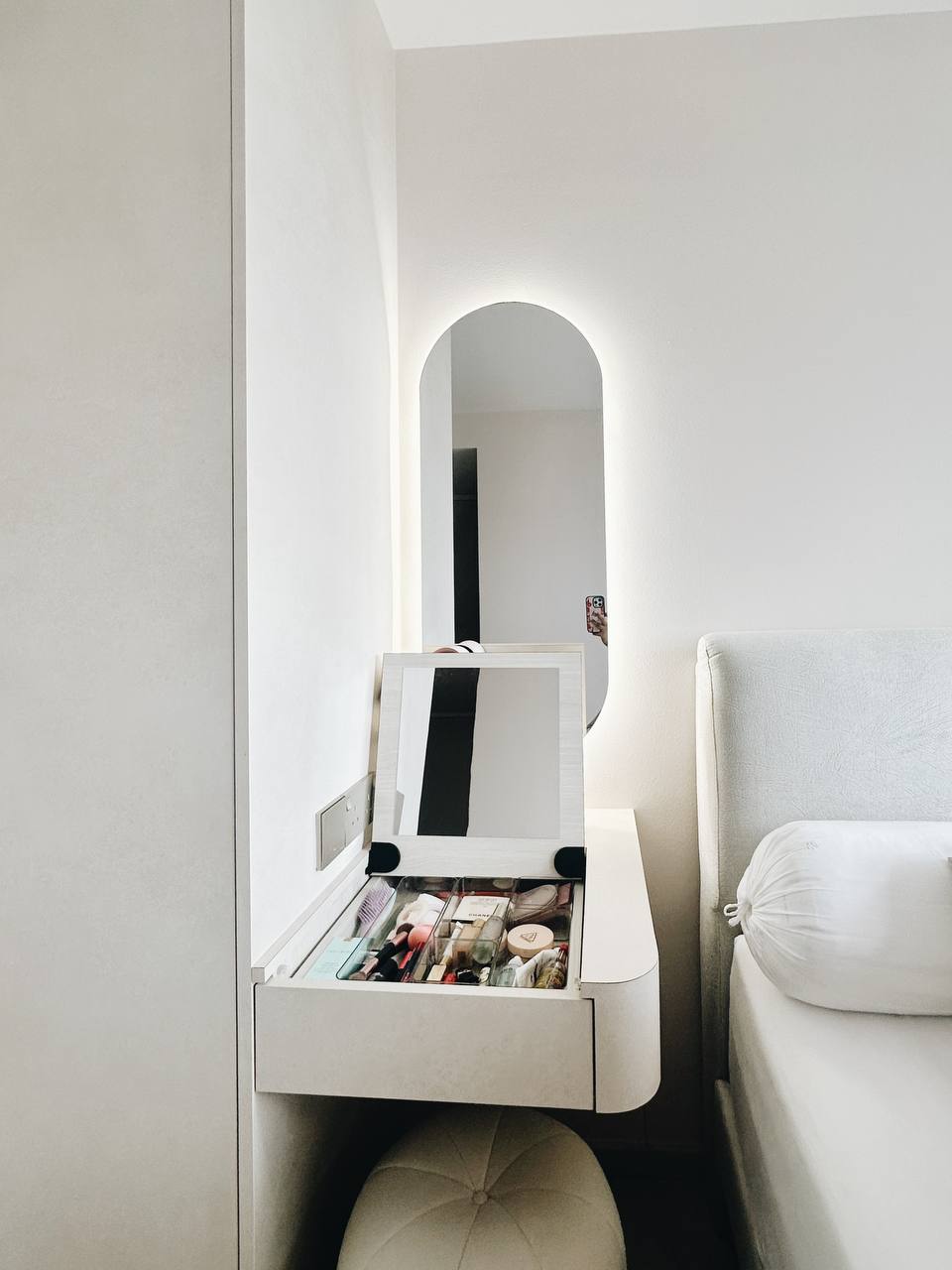 Our Bedroom: 5 Tips for a cozy, clutter-free bedroom!  - Mirrored vanity table, makeup essentials, open drawer, neatly