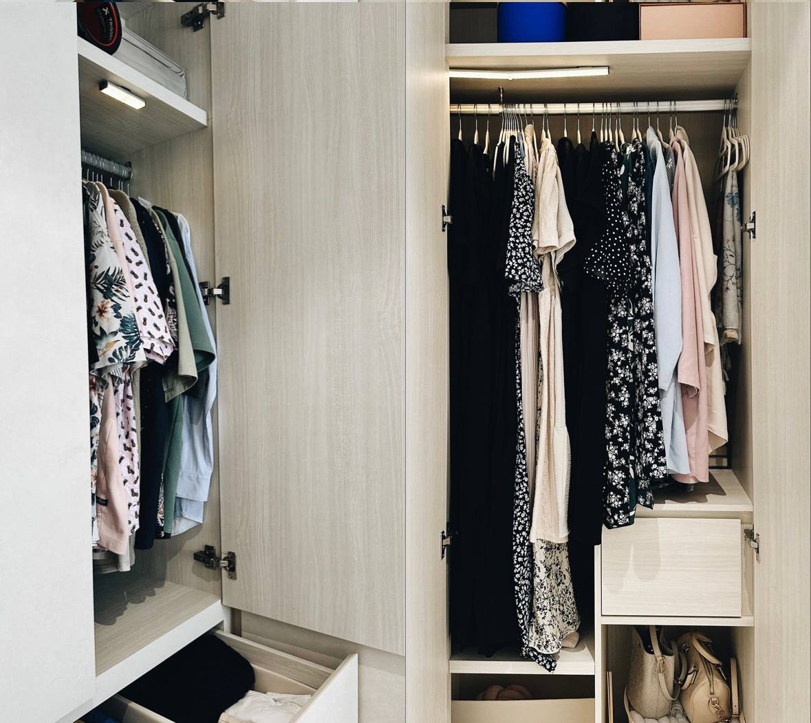 Our Bedroom: 5 Tips for a cozy, clutter-free bedroom!  - Light wood wardrobe with open doors, neatly organized clothes, black