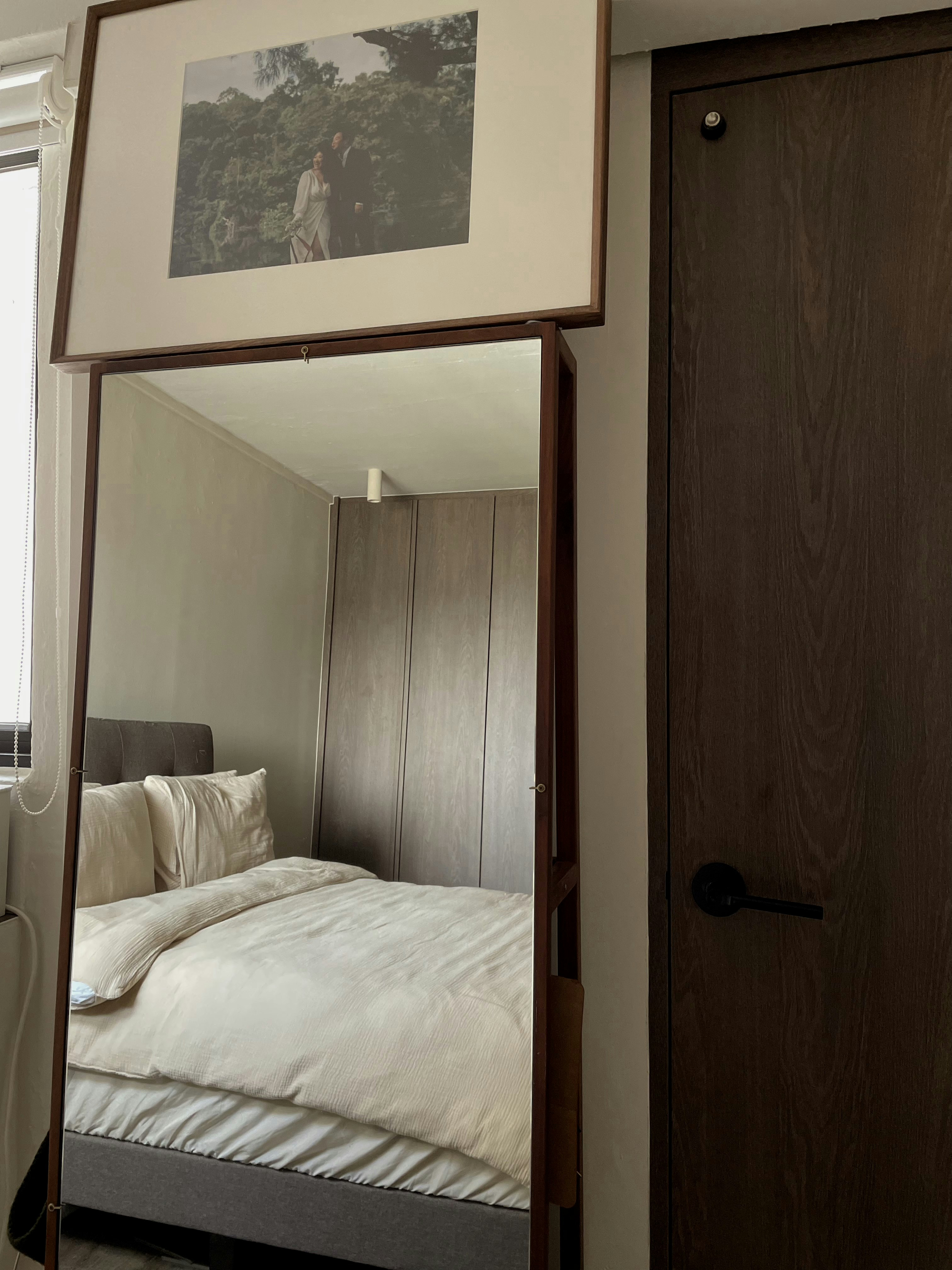 The Body: The Bedroom with a Mousehole for Cats!!! - Mirror, bedroom, bed, wooden wardrobe, white bedding, pillows, framed