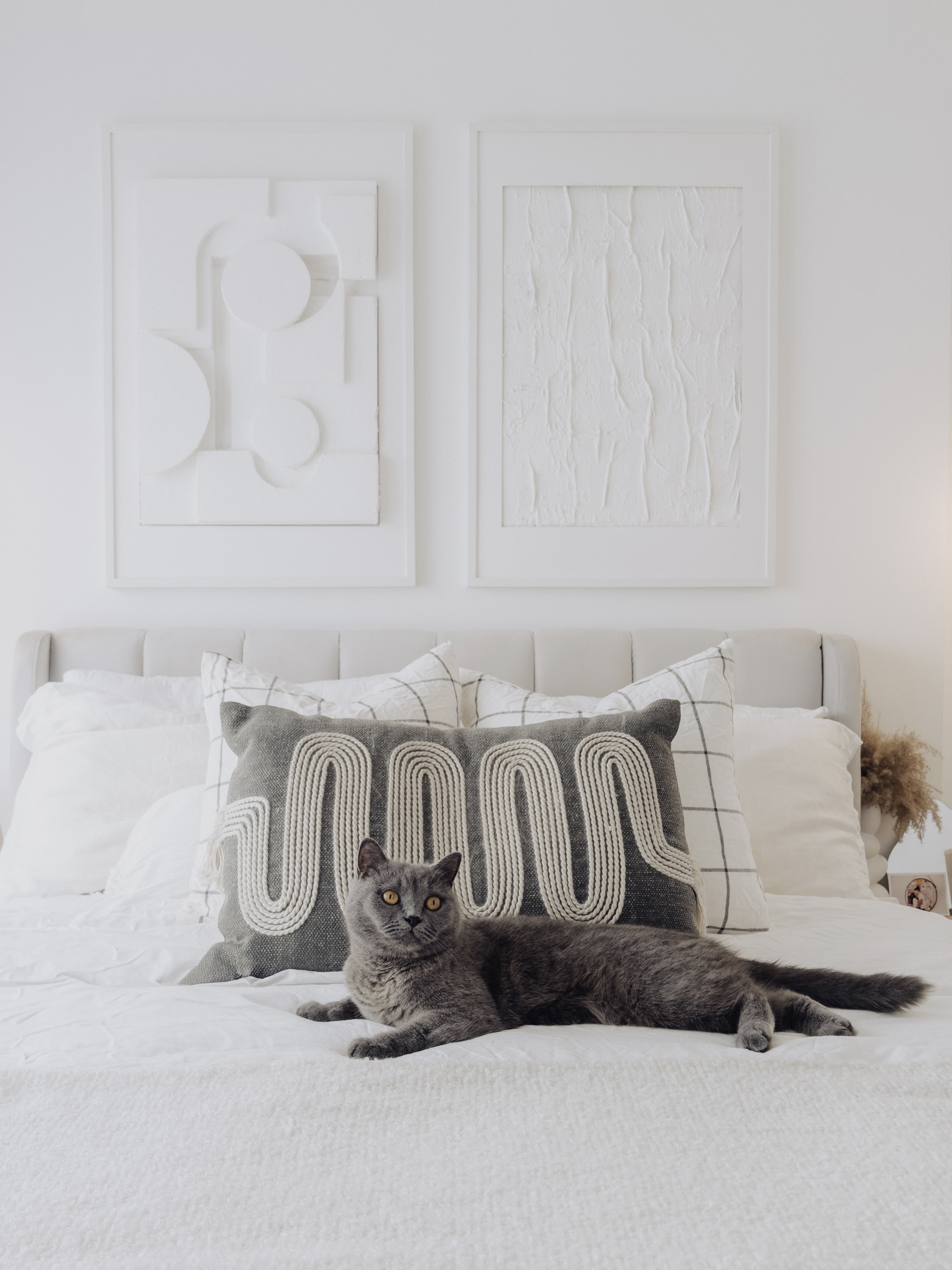 Our Bedroom: How We Changed It At Different Phases In Our Lives - modern bedroom, cozy bed, gray cat, white pillows, abstract