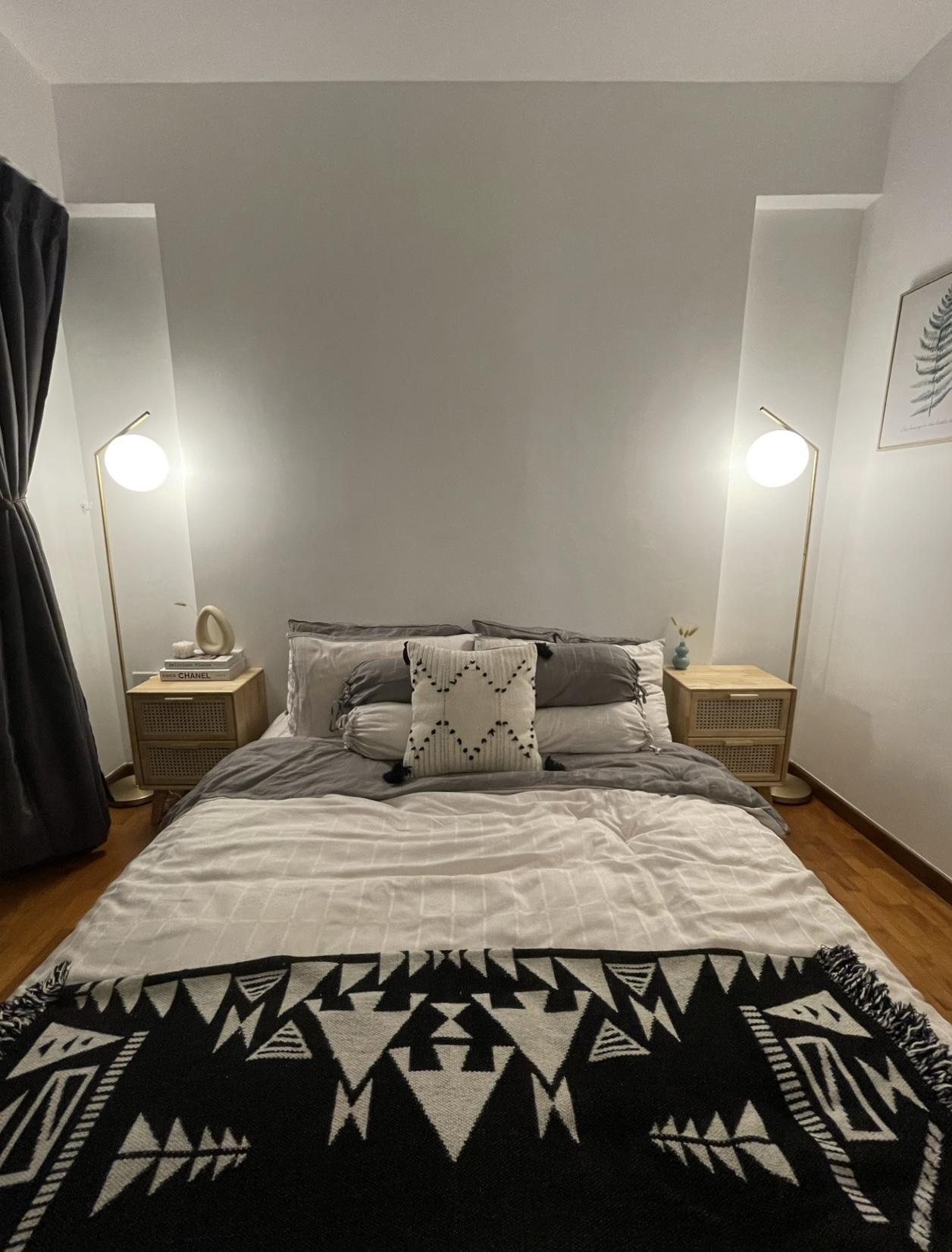 Our Bedroom: How We Changed It At Different Phases In Our Lives - modern bedroom, cozy bed, gray and white bedding, geometric
