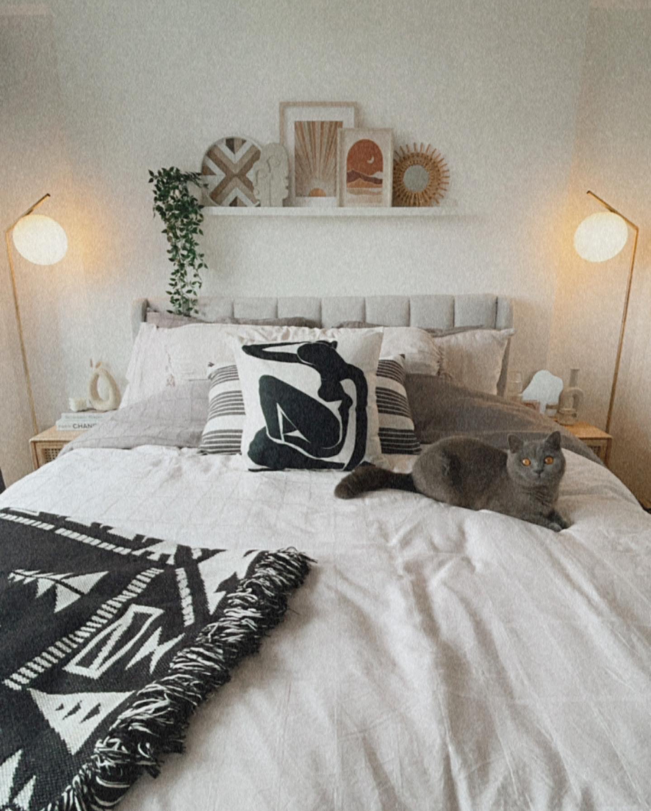Our Bedroom: How We Changed It At Different Phases In Our Lives - modern bedroom, cozy bed, gray cat, decorative pillows