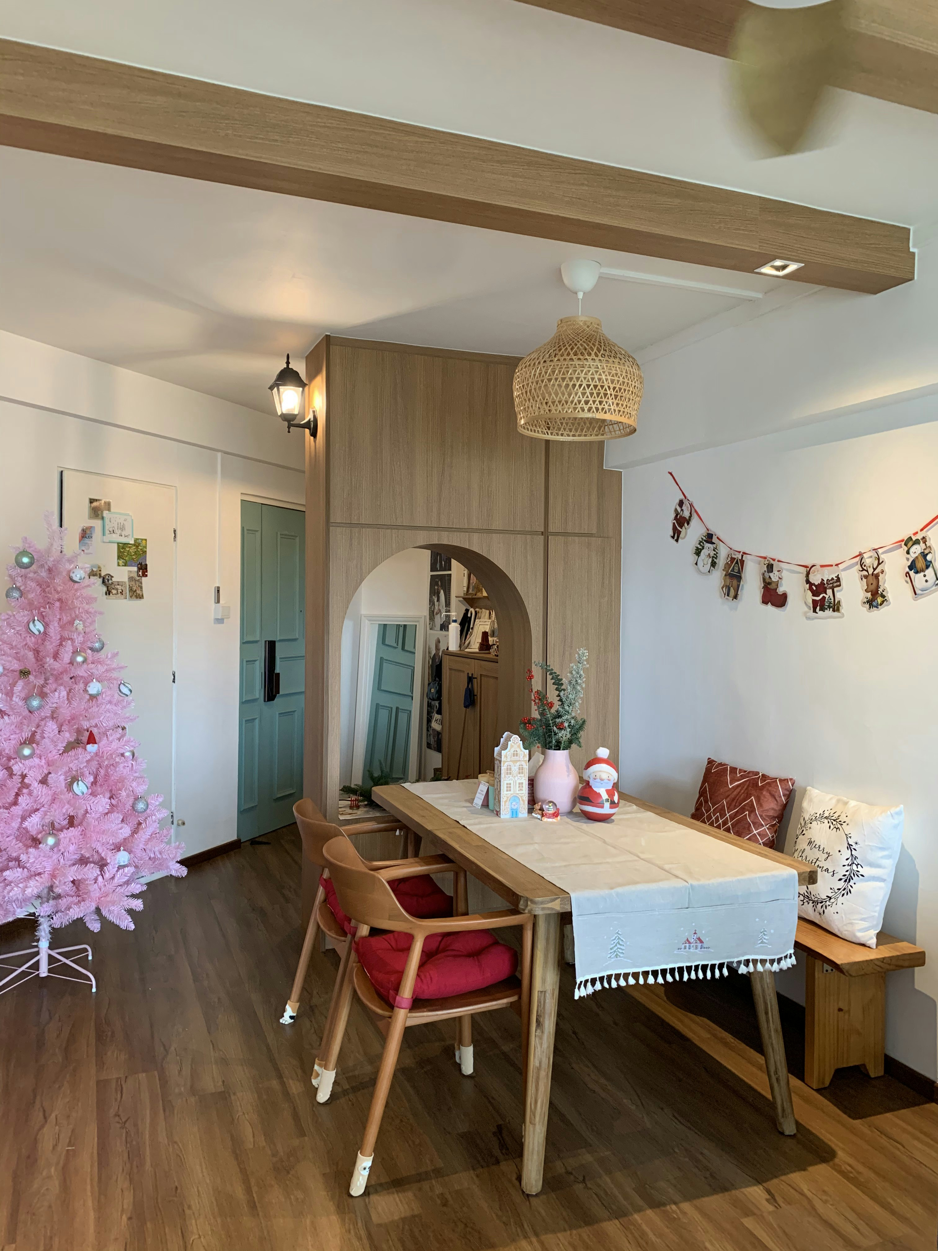 Renders vs Reality: Classic Farmhouse 4rm HDB Living Room Edition - Wooden dining table, Christmas tree, pink Christmas tree