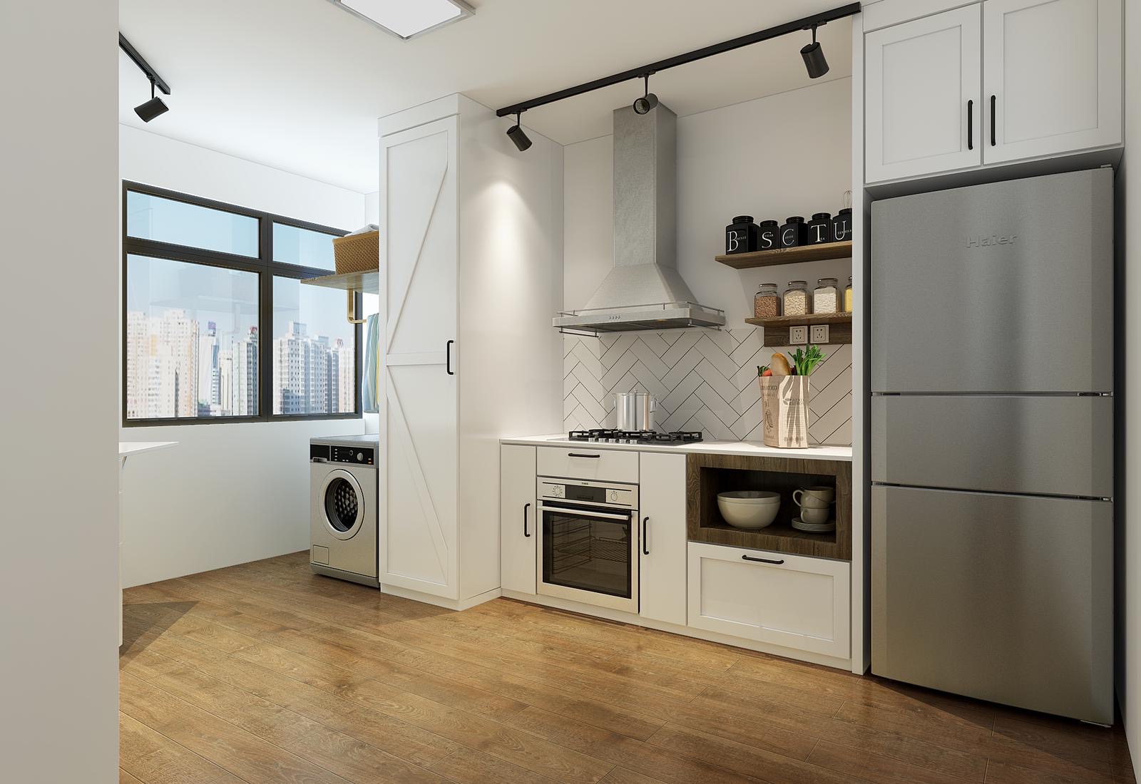 Renders vs Reality: Classic Farmhouse 4rm HDB Kitchen Edition - Modern kitchen with sleek white cabinetry, stainless steel