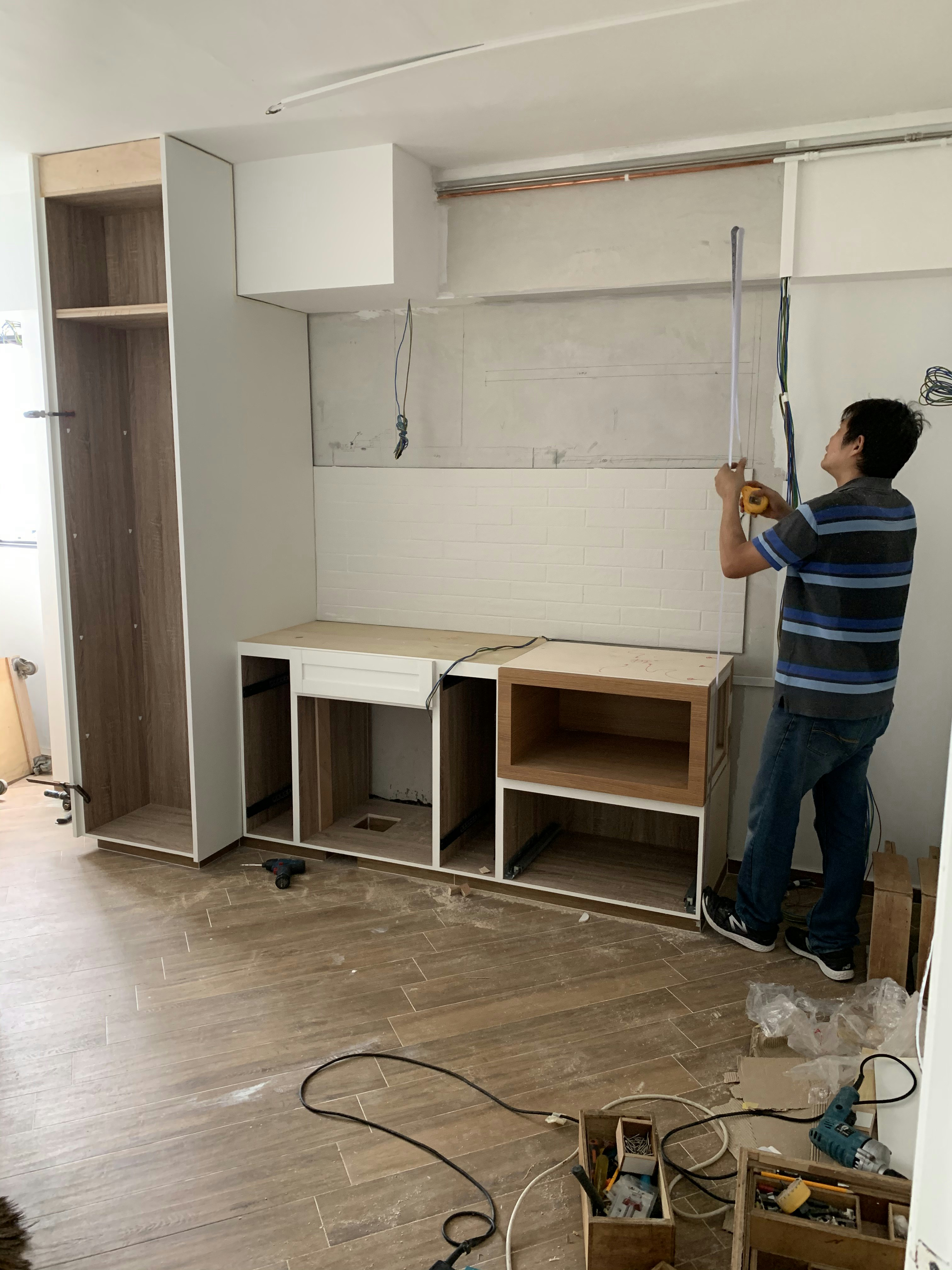 Renders vs Reality: Classic Farmhouse 4rm HDB Kitchen Edition - Wooden cabinet under construction, electrical wiring
