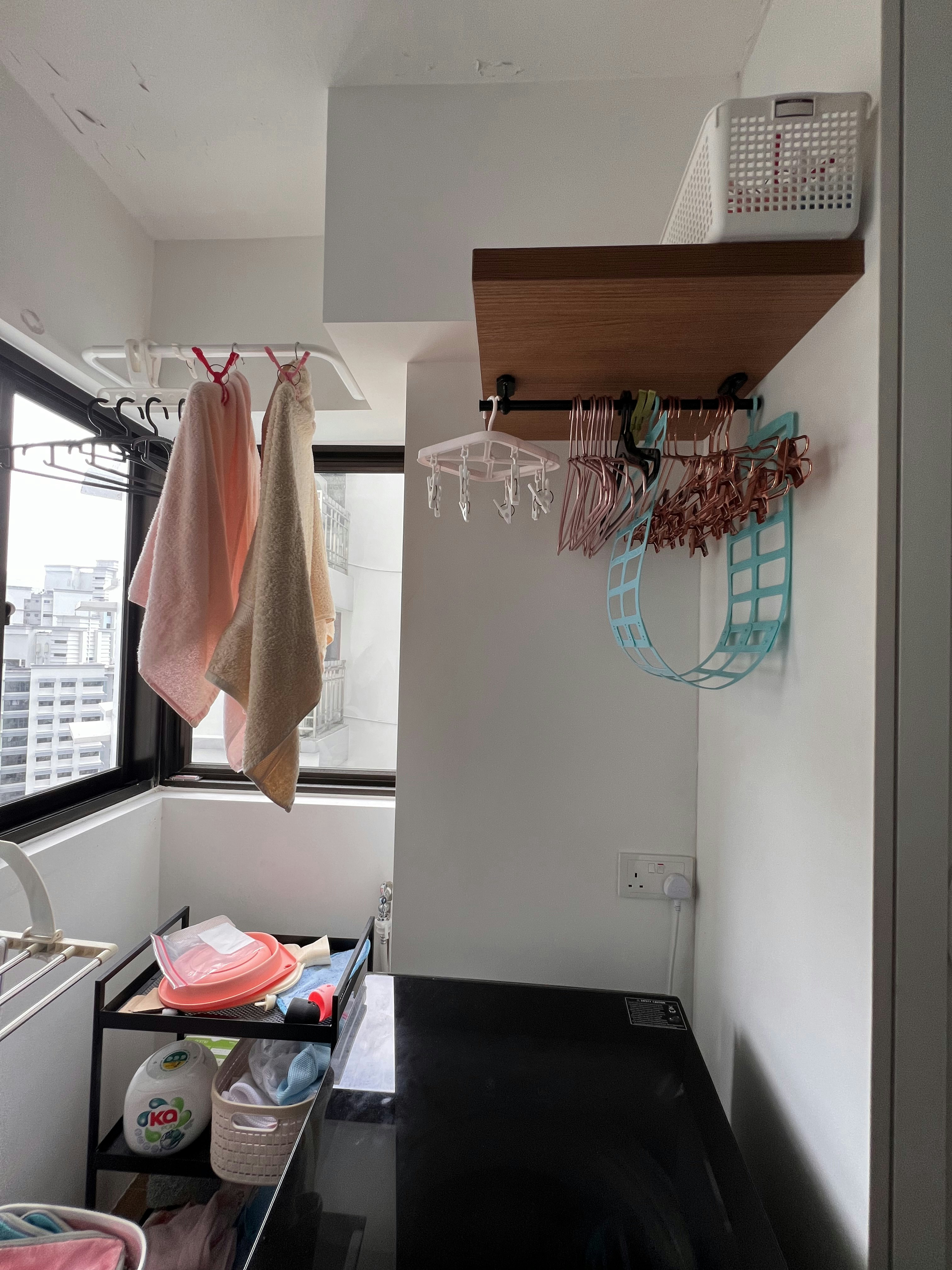 Renders vs Reality: Classic Farmhouse 4rm HDB Kitchen Edition - Dresser and rack, laundry area, hanging towels, white