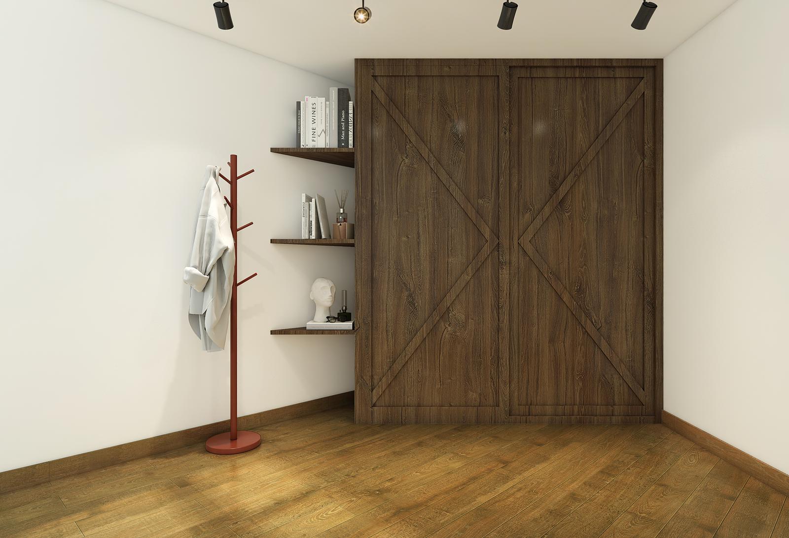 Render vs Reality: Classic Farmhouse 4rm HDB Master Bedroom Edition - Wooden wardrobe with geometric design, minimalist