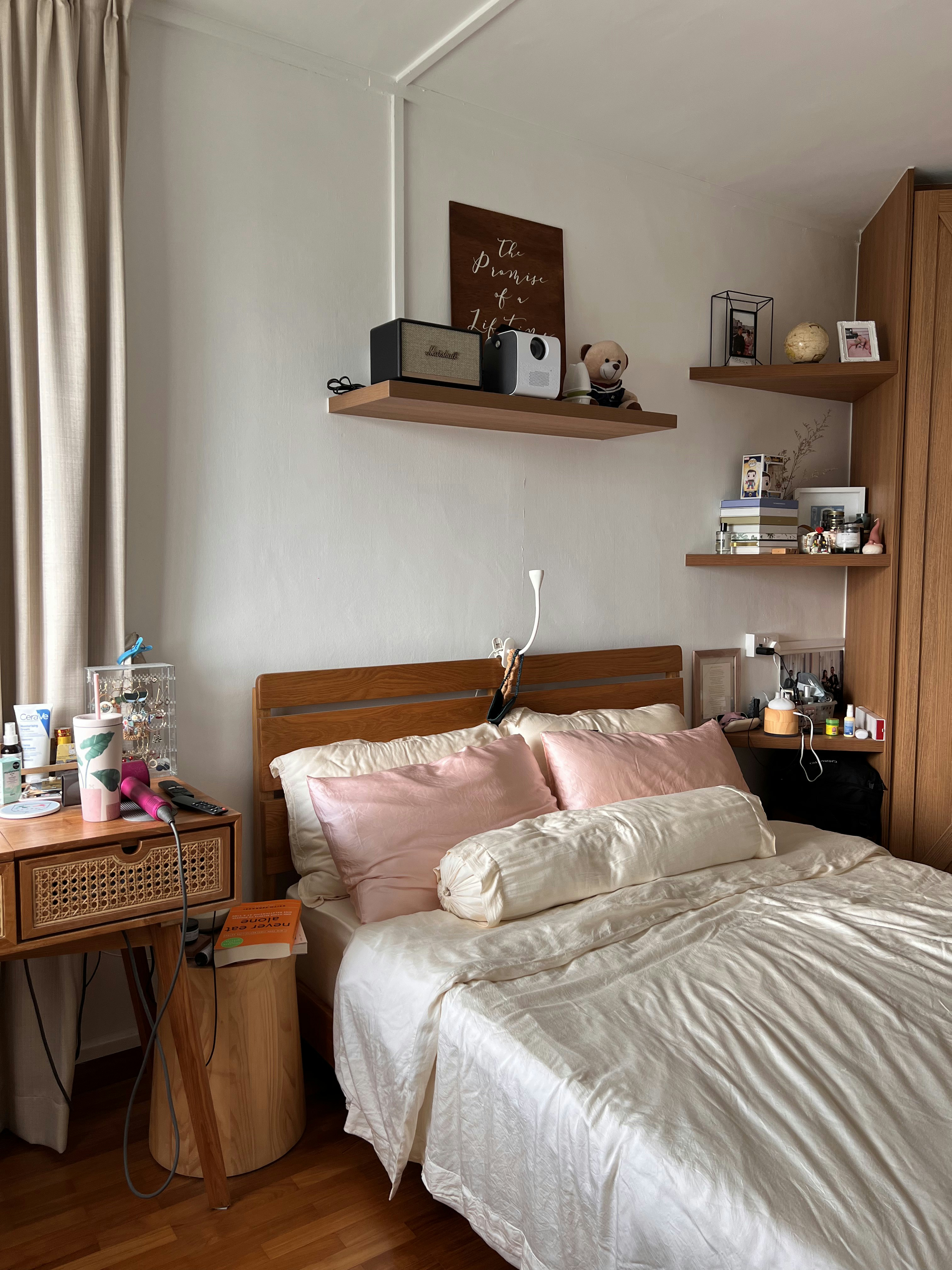 Render vs Reality: Classic Farmhouse 4rm HDB Master Bedroom Edition - Wooden nightstand with various items, bedside table