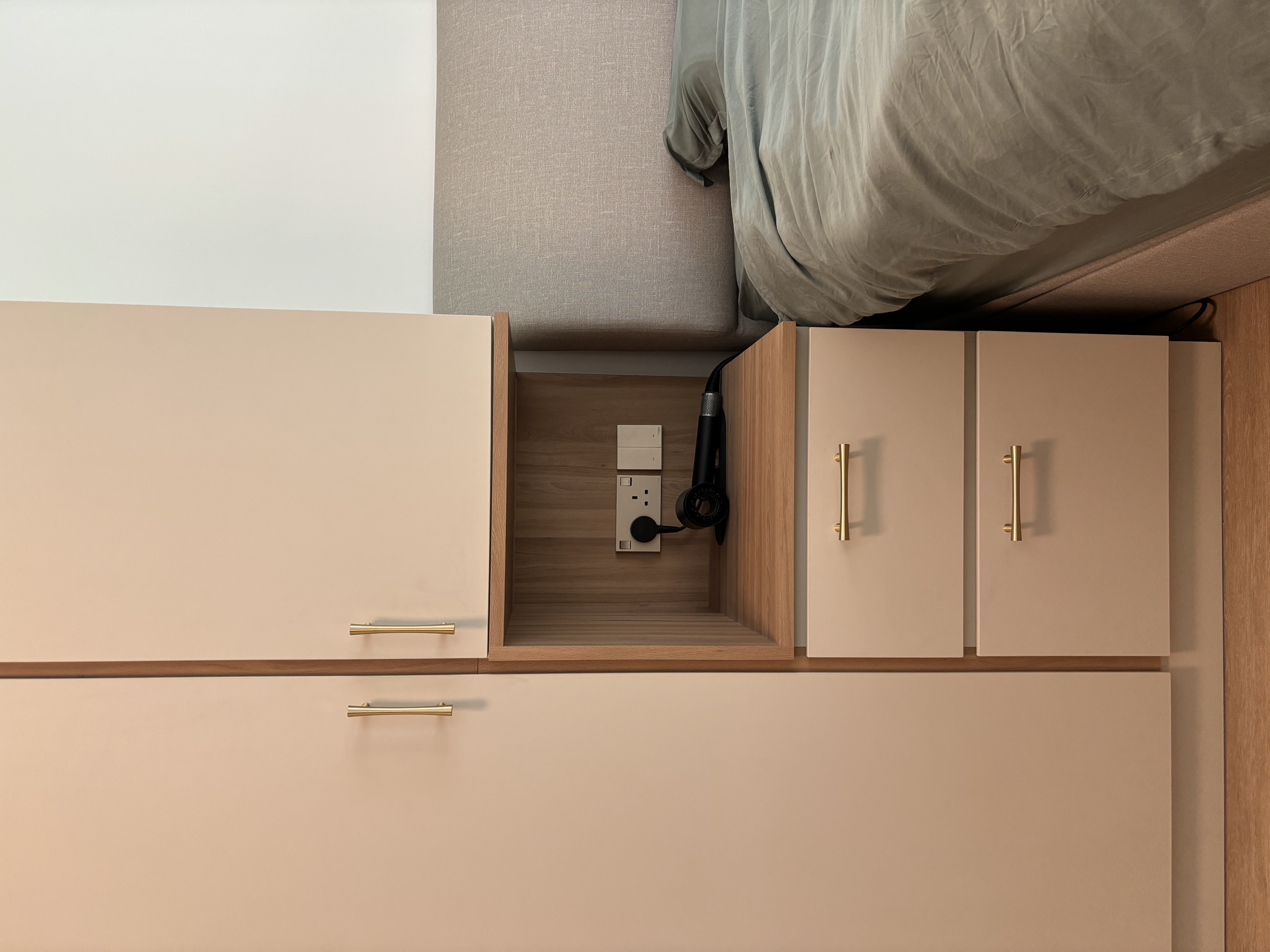 Maxmising walking space in our coastal hues bedroom - Wooden cabinet, beige wall, minimalist design, modern decor, sleek