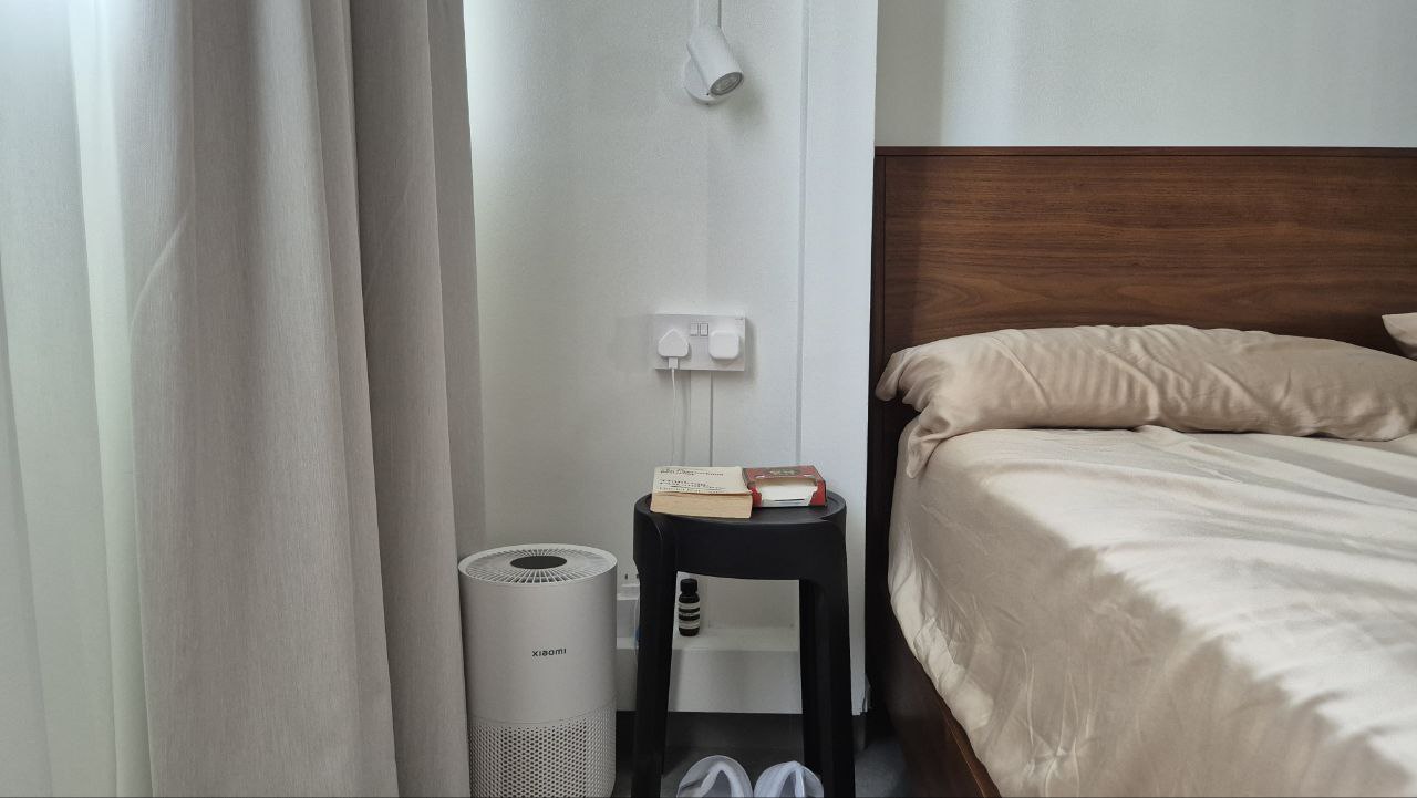 3 tips for creating the Bedroom you never want to leave!  - Air purifier, bedside table, white air purifier, wooden