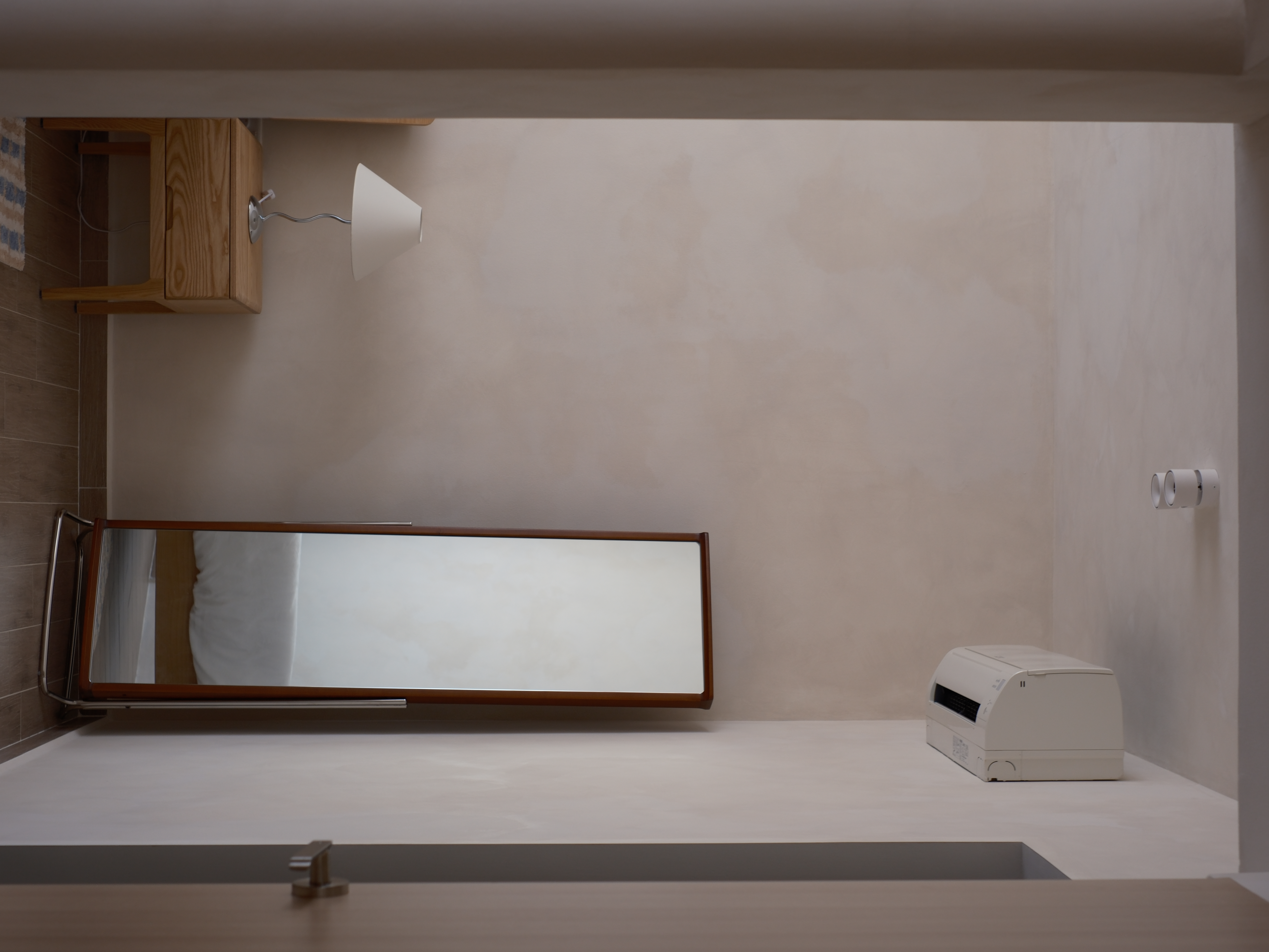 Our Bedroom: It's All About the Mood - Wooden cabinet, mirror, white towel, wall-mounted lamp, minimalist design, neutral
