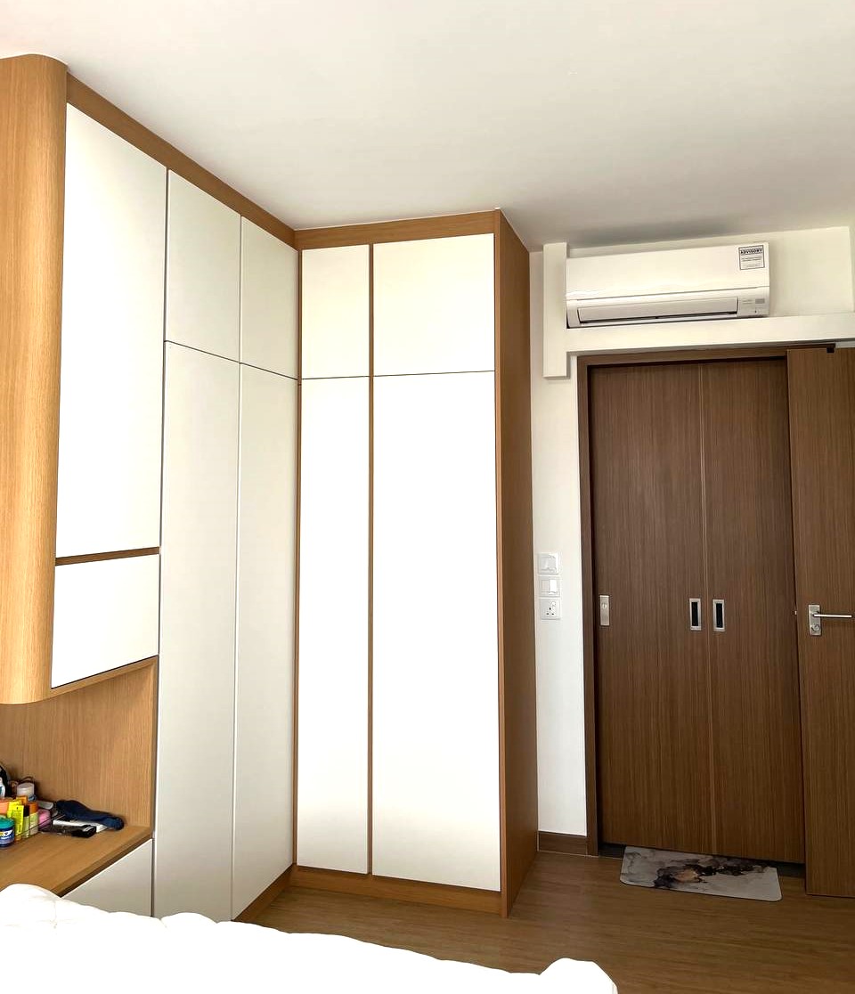 Cosy Japandi bedroom with a customised bedside cutout  - Wooden wardrobe with sliding doors, minimalist design, white and