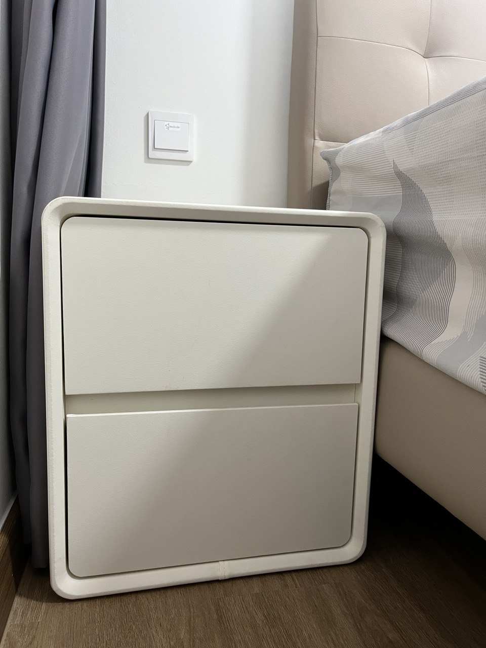 Cosy Japandi bedroom with a customised bedside cutout  - White, modern, compact, floating, sideboard, minimalist, sleek