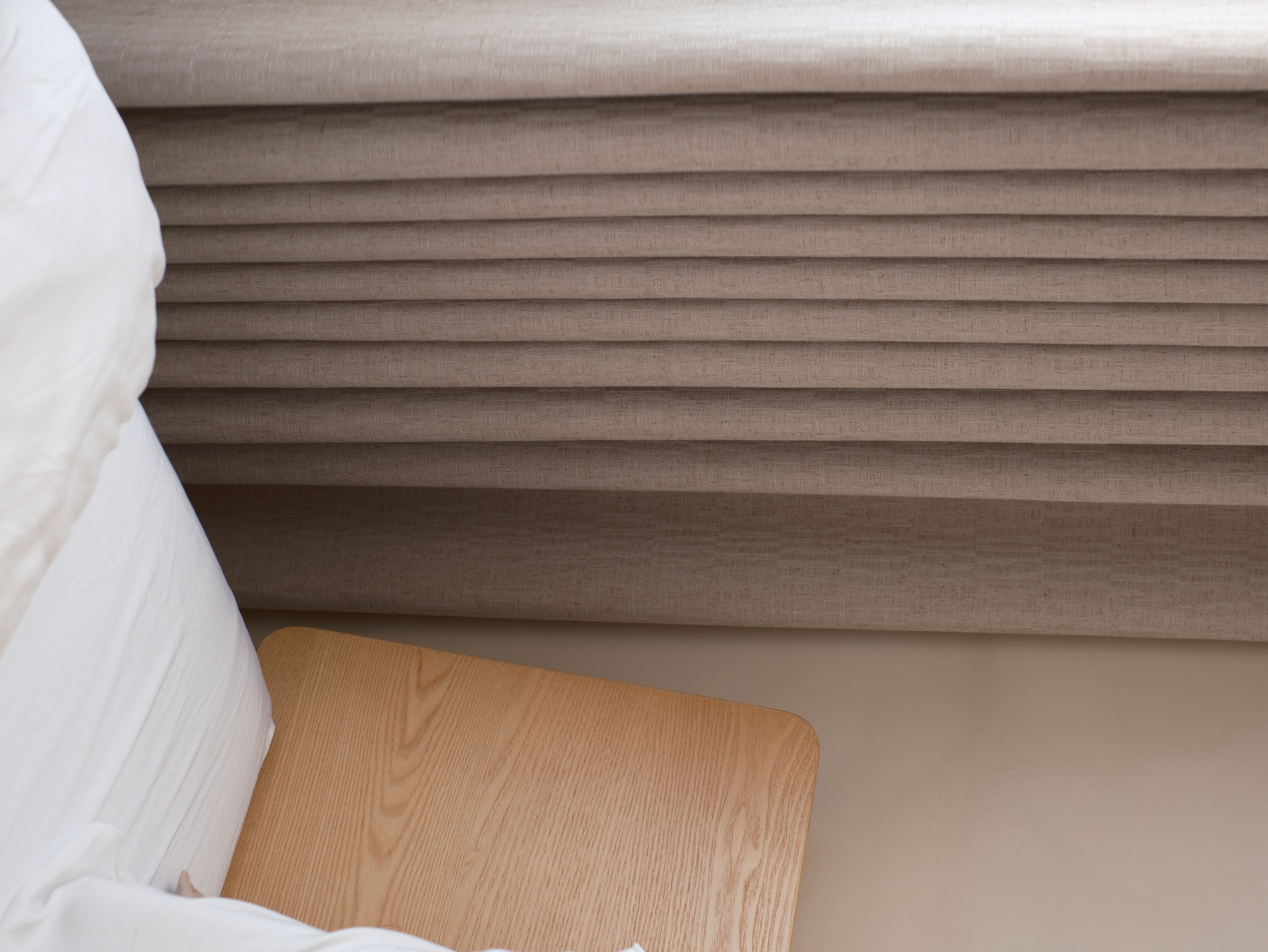 Our Bedroom: It's All About the Mood - Wooden footboard, soft bedding, beige curtains, minimalist design, natural wood