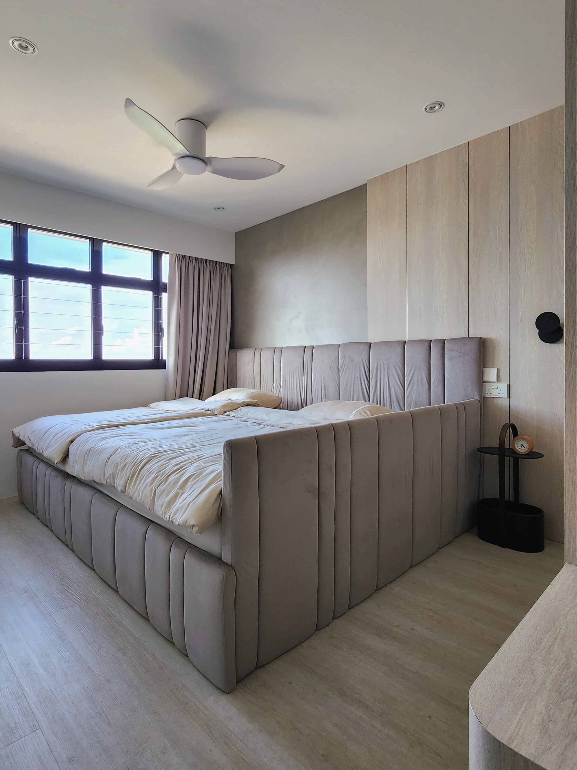 Our Bedroom: We Customised An XL Bed For The Family!  - Modern bedroom with large bed, beige upholstered headboard, light