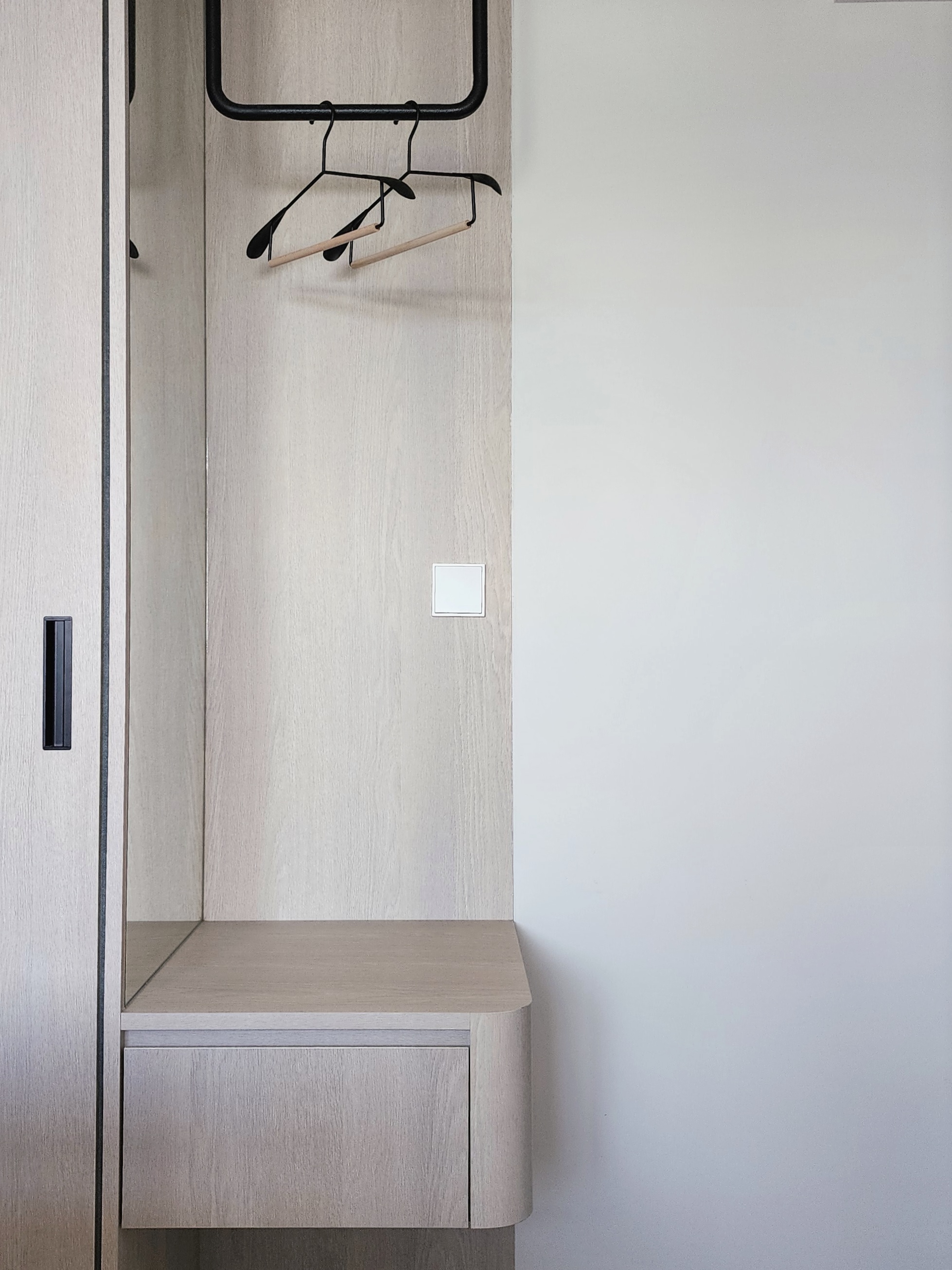 Our Bedroom: We Customised An XL Bed For The Family!  - Wooden wardrobe with black metal rack, minimalist design, light