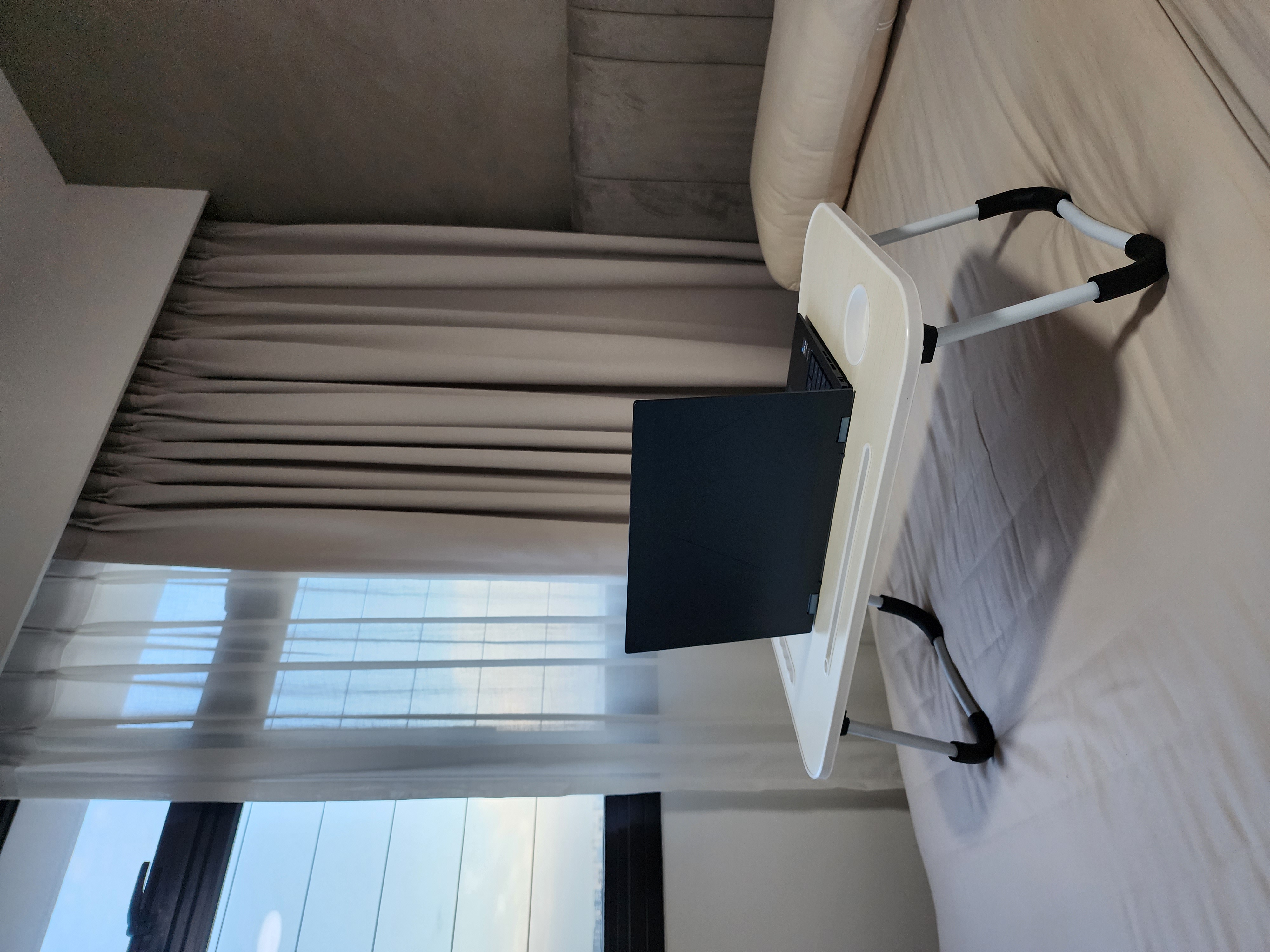 Our Bedroom: We Customised An XL Bed For The Family!  - Laptop on bed, black laptop, white frame, armrests, armrests on bed