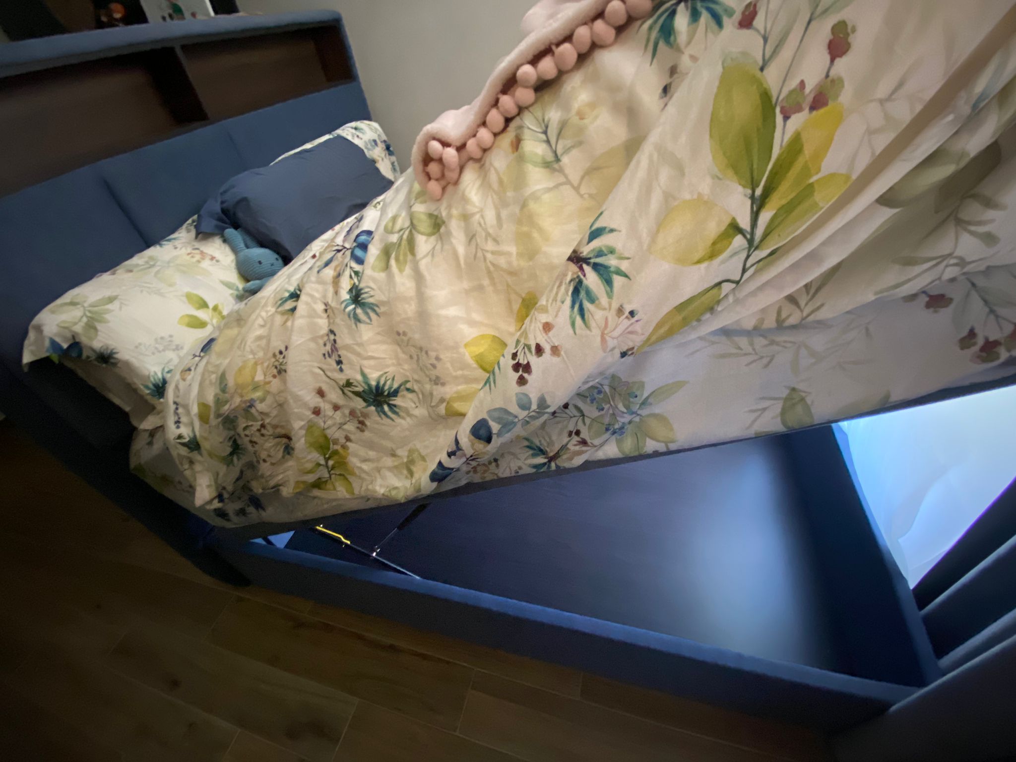 Integrating sleep and play for a space constrained 4-room BTO - Floral-patterned bedspread, cozy bed, floral design, soft