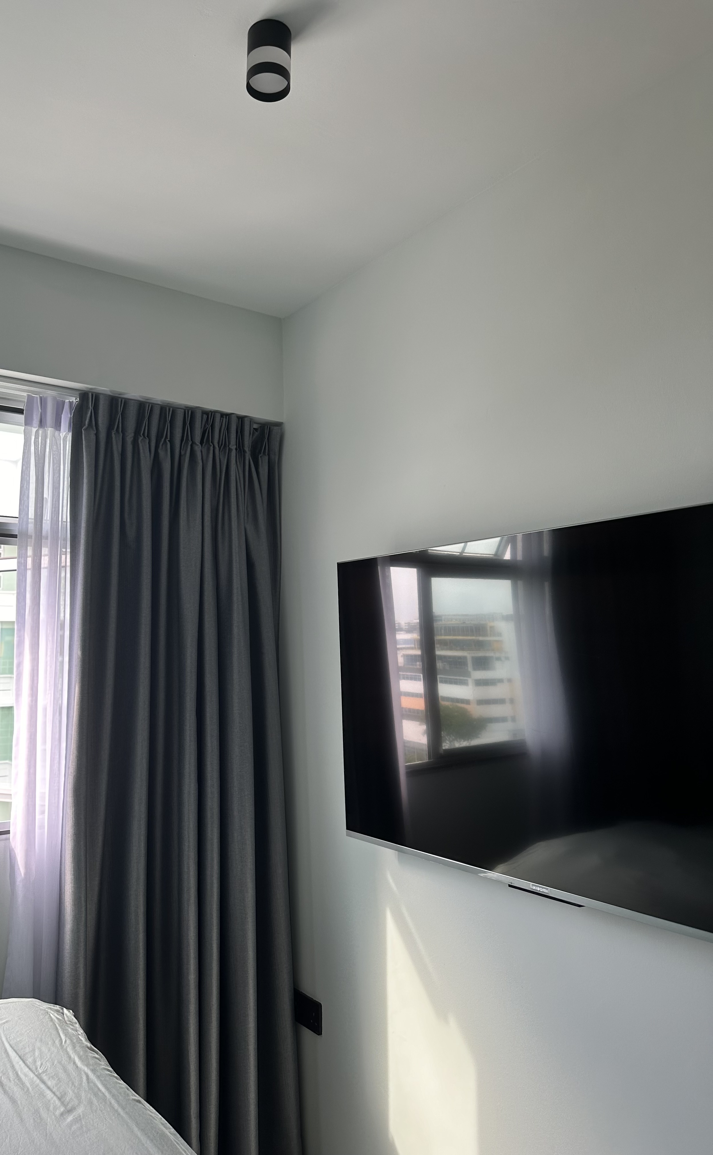 Dark and Muted Bedroom for Your Comfort! - Grey curtains, modern room, large window, light streaming, minimalist decor, sleek