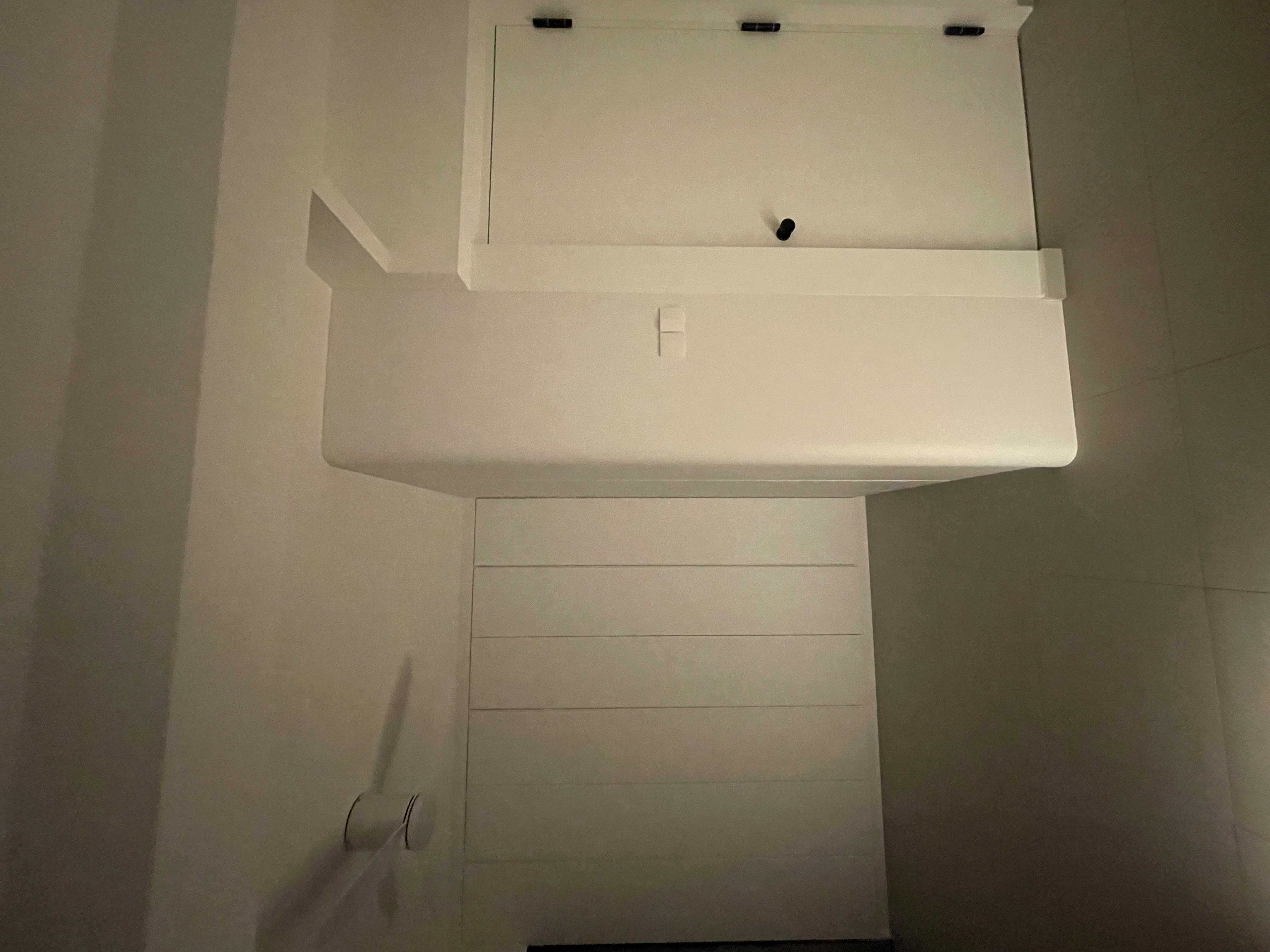 A Bedroom Haven: Curved Platform Bed with Plenty Wardrobe Spaces  - White bathroom vanity, minimalist design, floating shelf