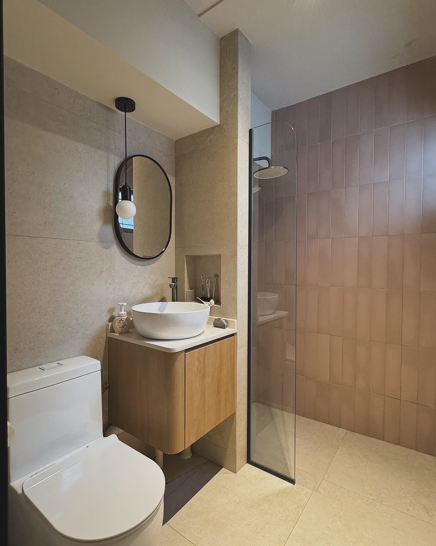 We spent $72k on our 4-Room HDB Renovation Journey - Modern minimalist bathroom, sleek design, beige tiles, wooden vanity
