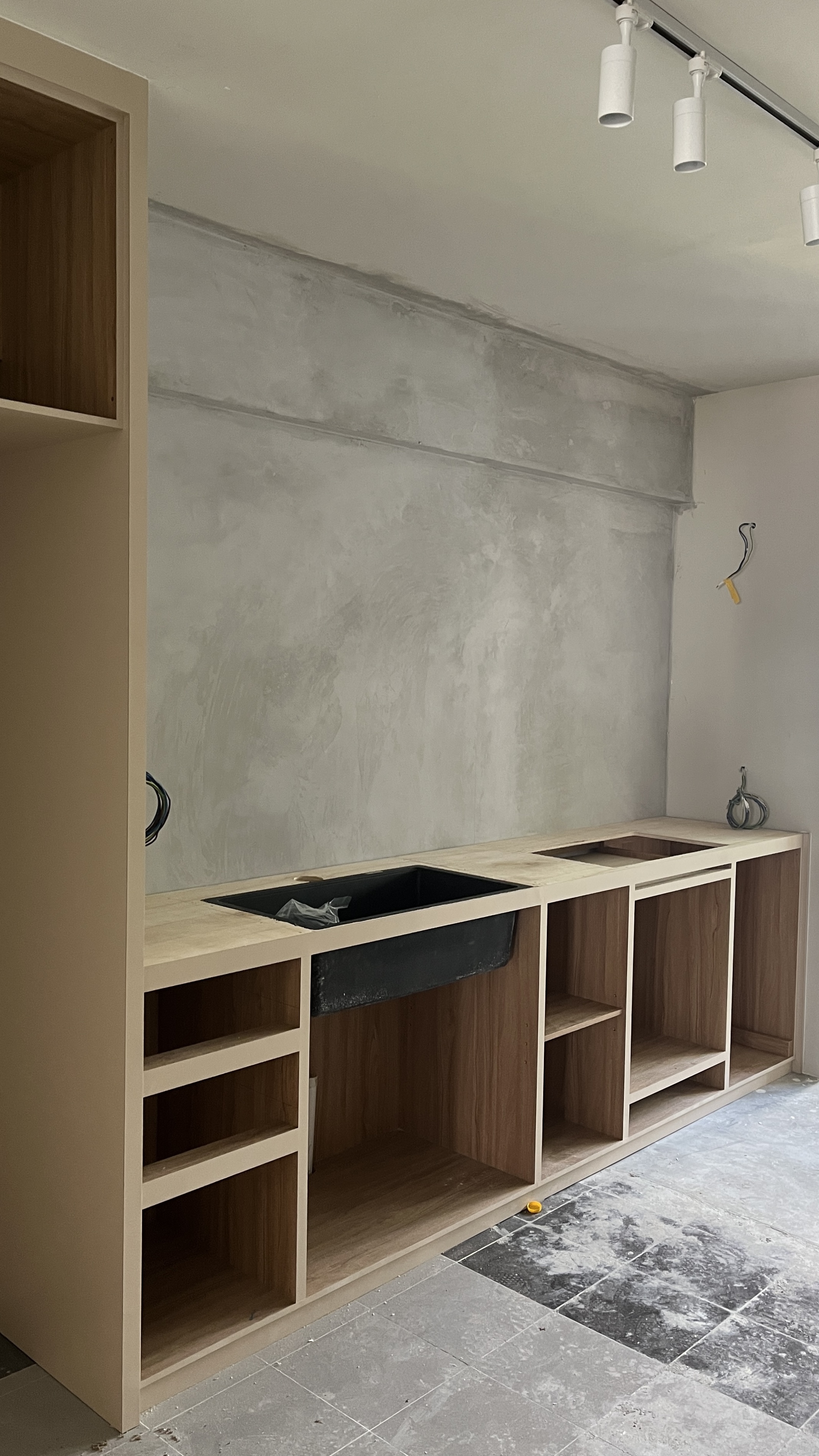 We spent $72k on our 4-Room HDB Renovation Journey - modern kitchen cabinetry, unfinished wall, wooden shelves, minimalist