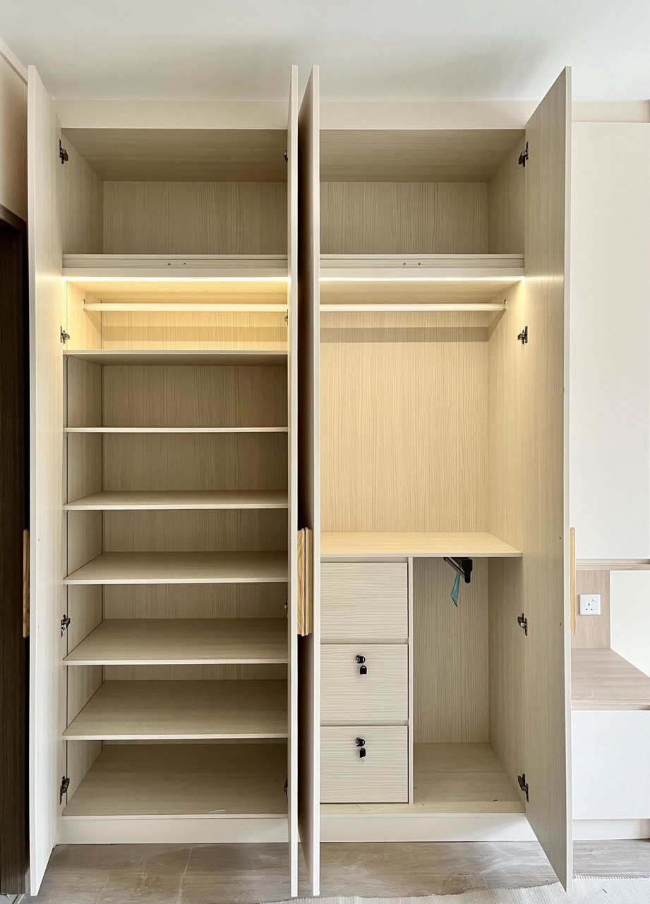 Master Bedroom: Going Basic with a Near Monochromatic Look - Wooden wardrobe with open doors, minimalist design, light beige