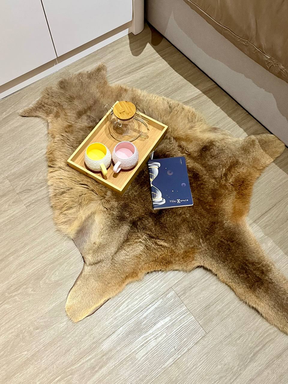 Master Bedroom: Going Basic with a Near Monochromatic Look - Fur rug, cozy setting, tea set, wooden tray, pastel cups, book