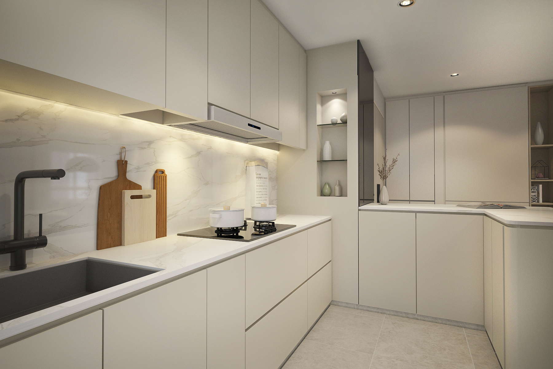 🏠✨Crafting Our Story: A Home's Journey from Renderings to Reality - Modern kitchen with sleek cabinets, marble backsplash