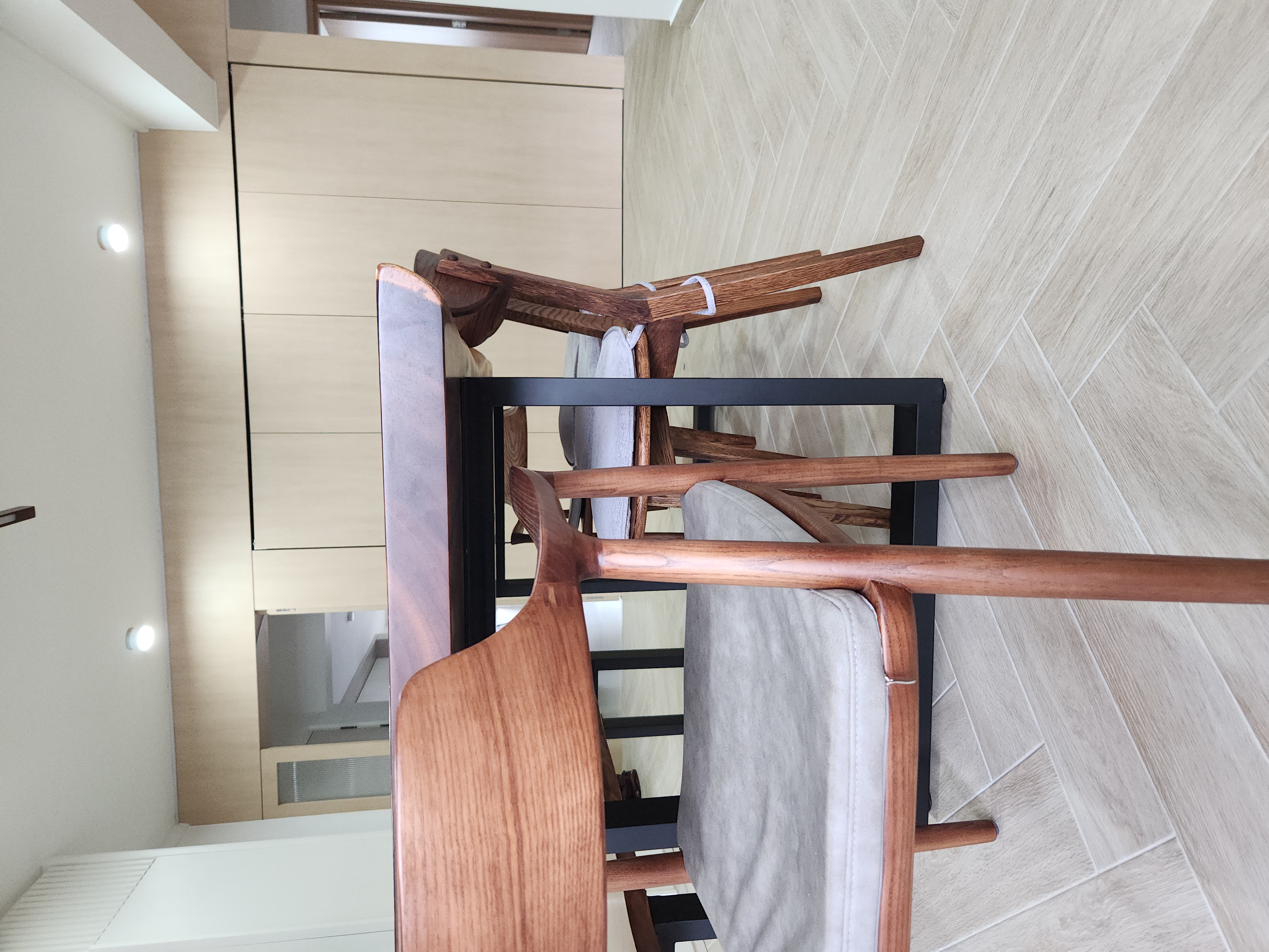 Spent 4k to Reconnect? - Wooden rocking chair, modern interior, light wood flooring, herringbone pattern, minimalist design