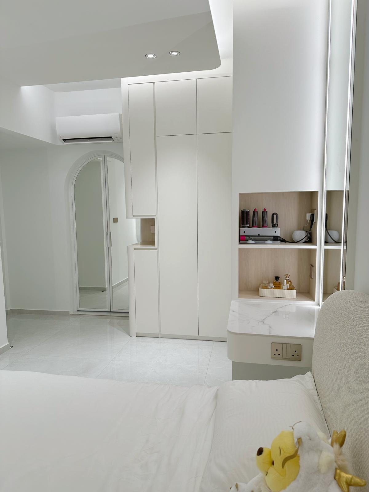 Our Master Bedroom: Smart, Calming & Curvy (with a mirror-ed door!) - White modern minimalist bedroom, sleek cabinets