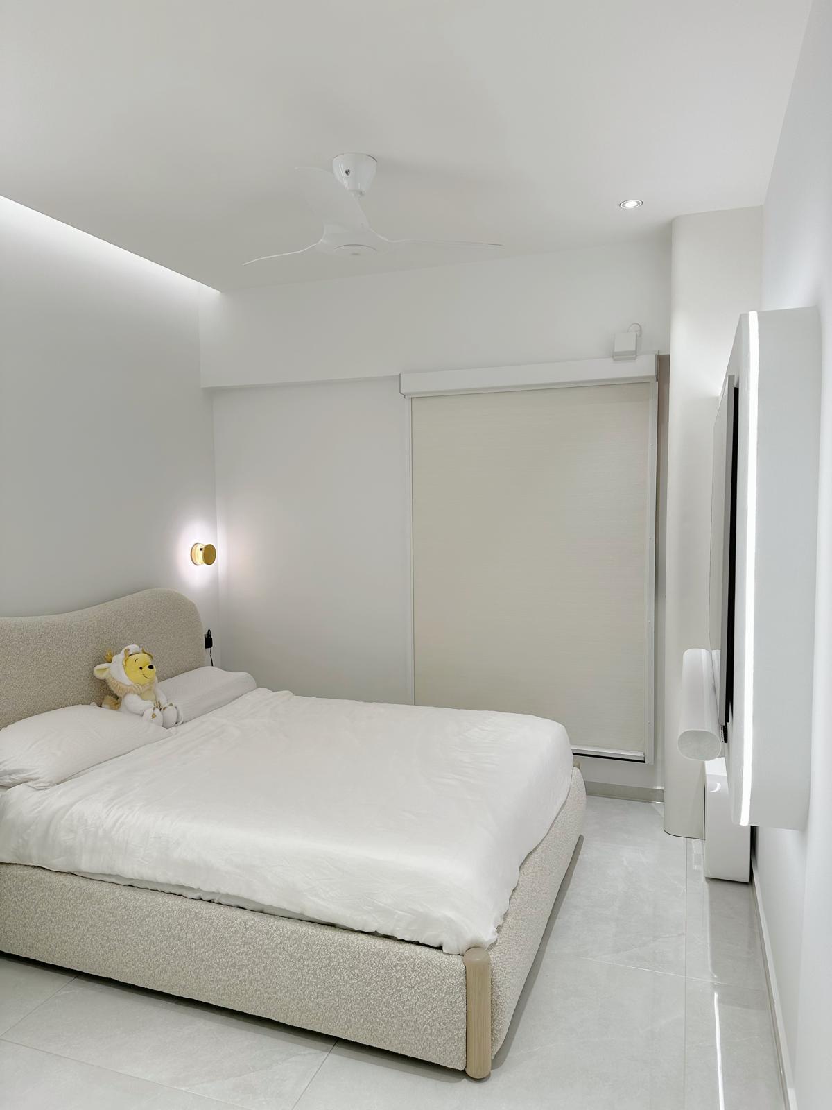 Our Master Bedroom: Smart, Calming & Curvy (with a mirror-ed door!) - Modern minimalist bedroom, sleek design, neutral color