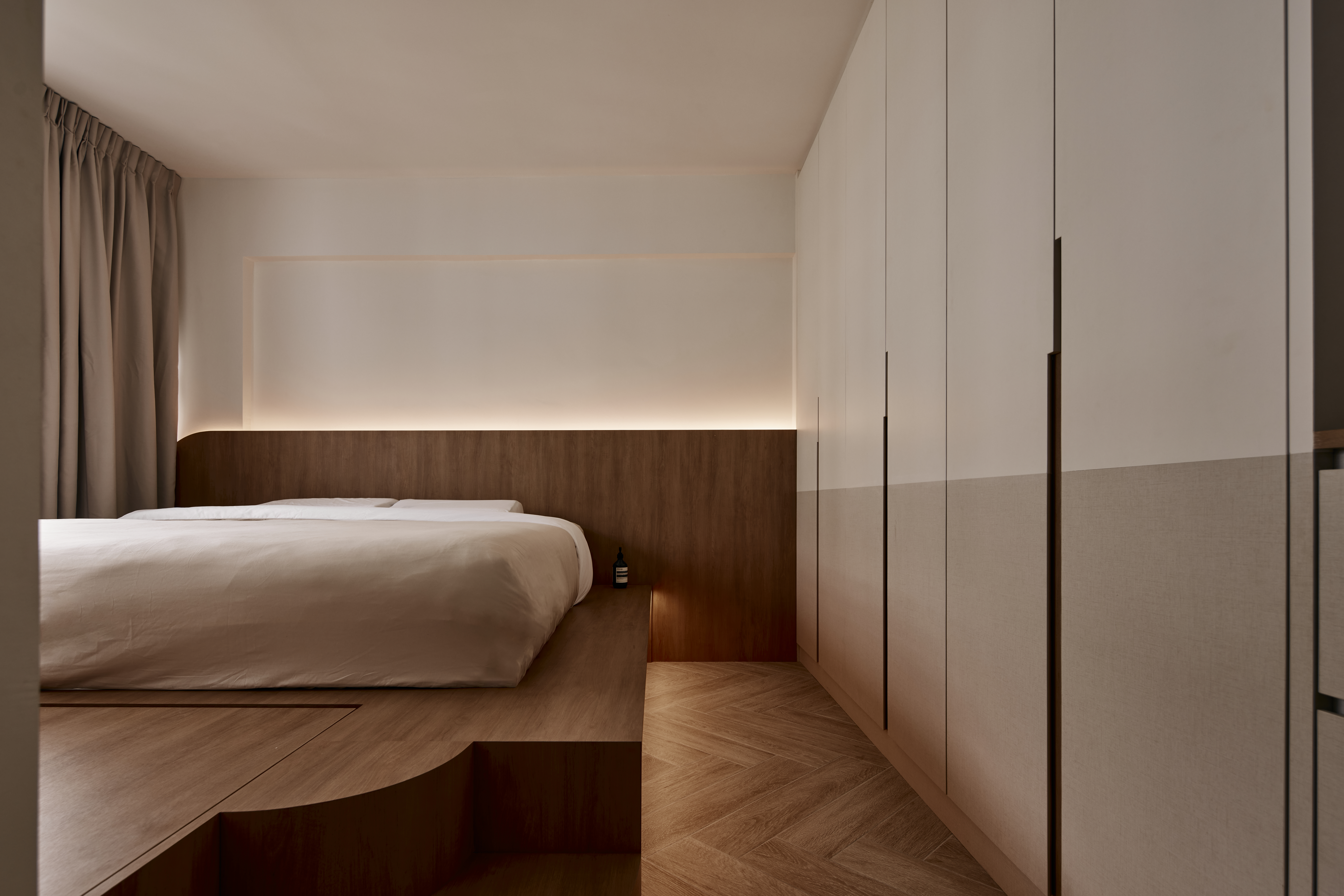 Unfold $8k Carpentry For our Master - Modern minimalist bedroom, neutral color palette, large bed with white linens, wooden